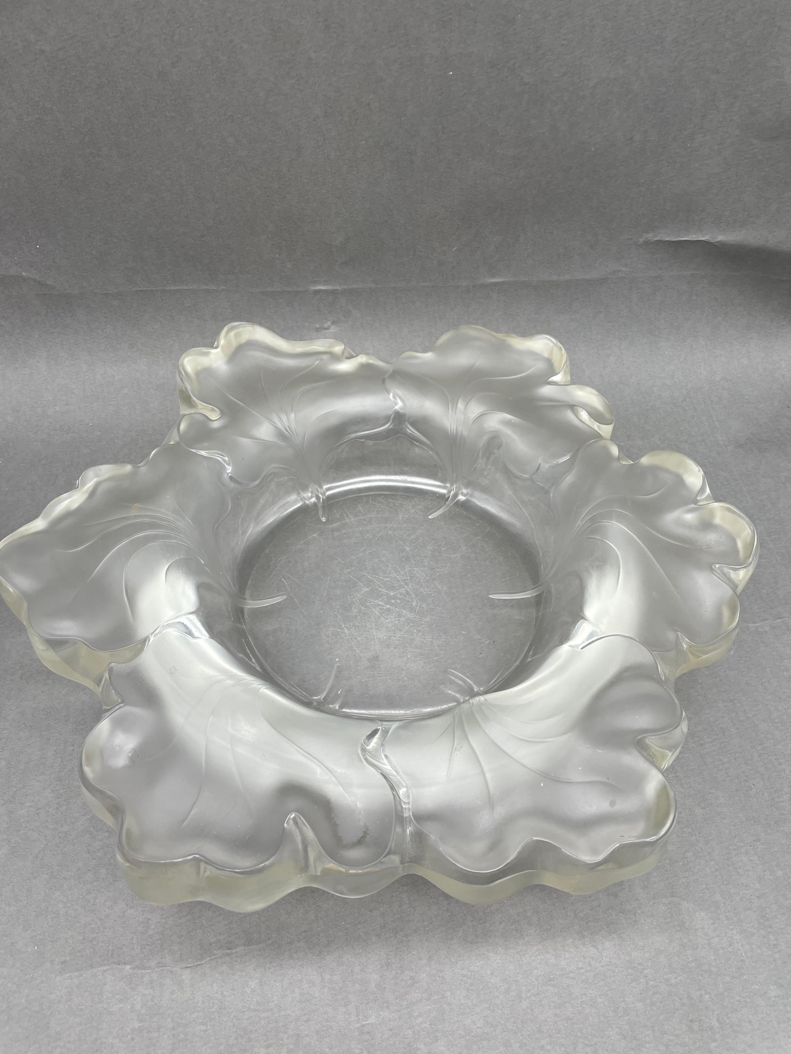 Hand-Carved Rare Large Lalique Crystal Leaf Bowl For Sale