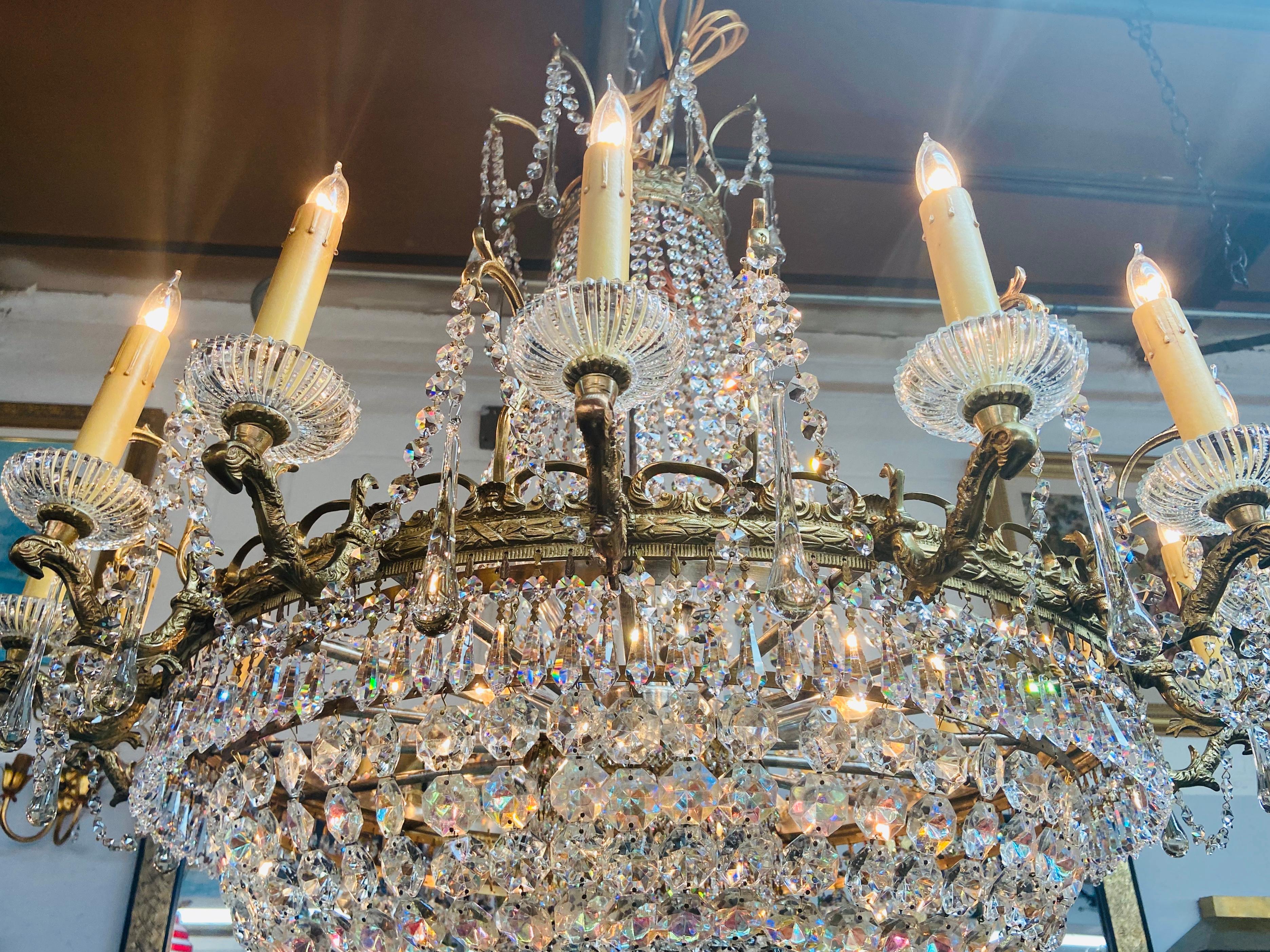 19th Century Large Louis XVI Empire Style Bronze and Crystal Chandelier For Sale 9