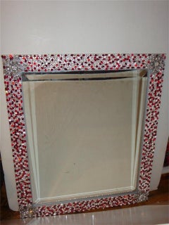 Rare Large Lovely Estate Swarovski Ruby Crystal Elements Floral Mirror