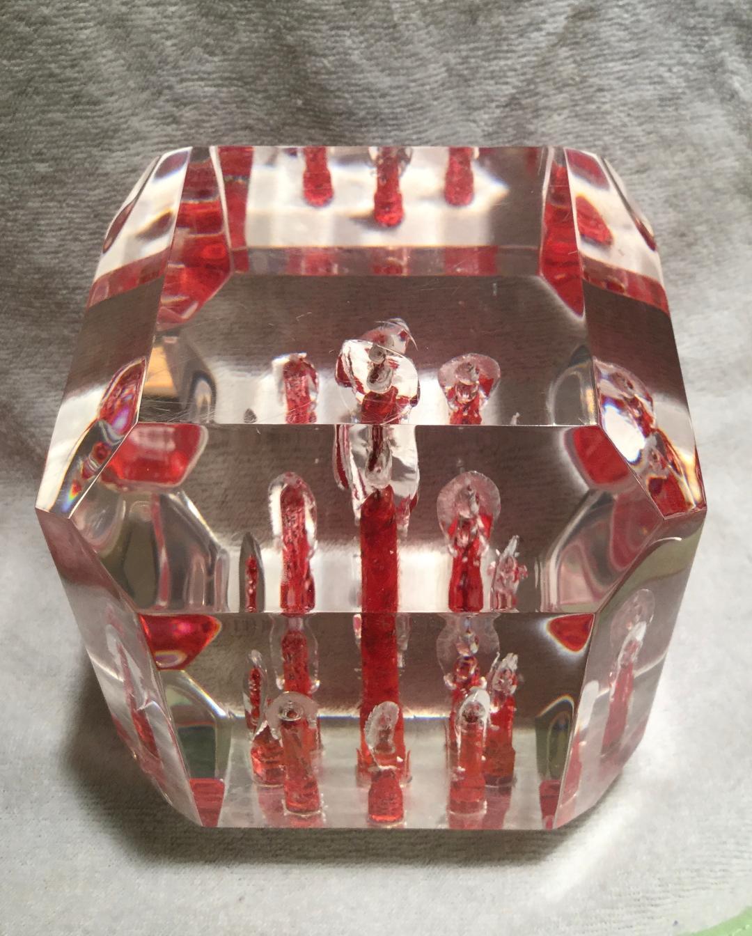 Mid-Century Modern Rare Large Lucite Cube Paperweight-Red and Clear For Sale