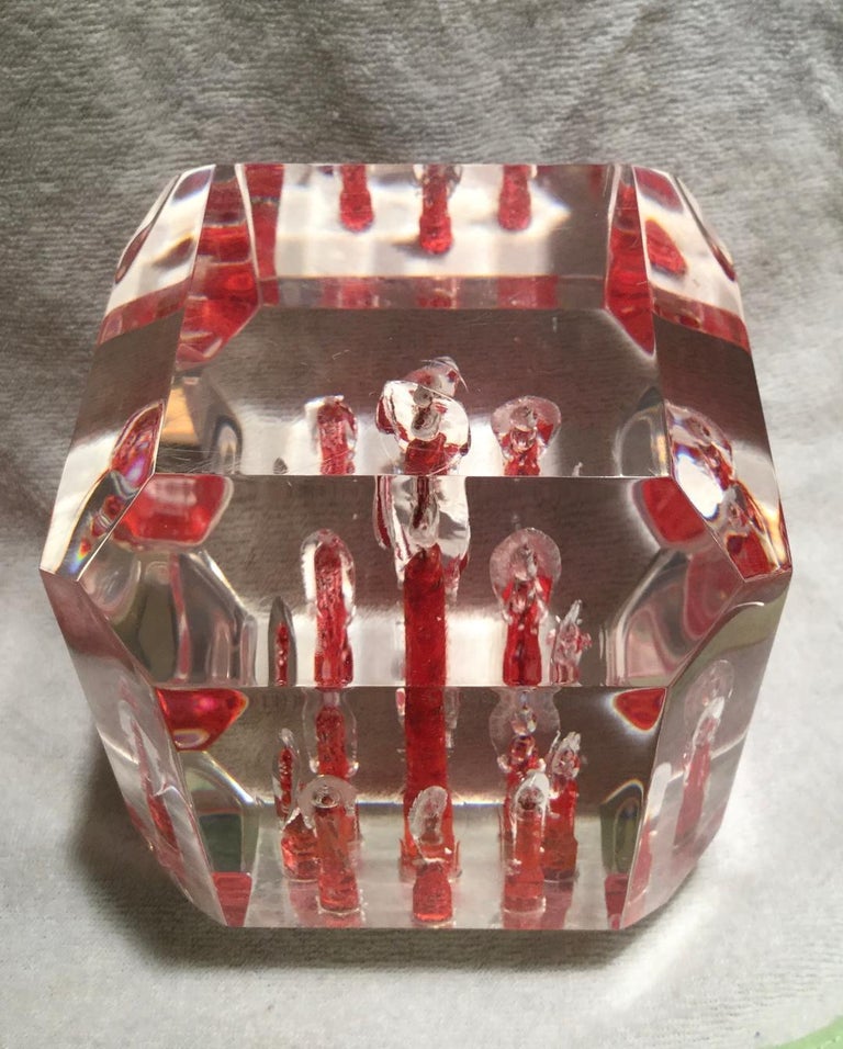 Rare Large Lucite Cube Paperweight-Red and Clear For Sale at 1stDibs