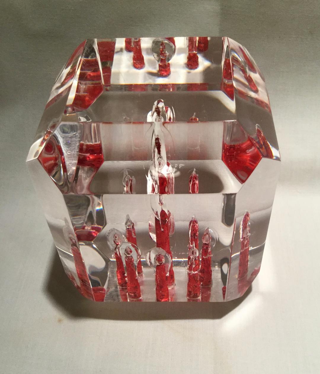 Rare Large Lucite Cube Paperweight-Red and Clear In Good Condition For Sale In Houston, TX