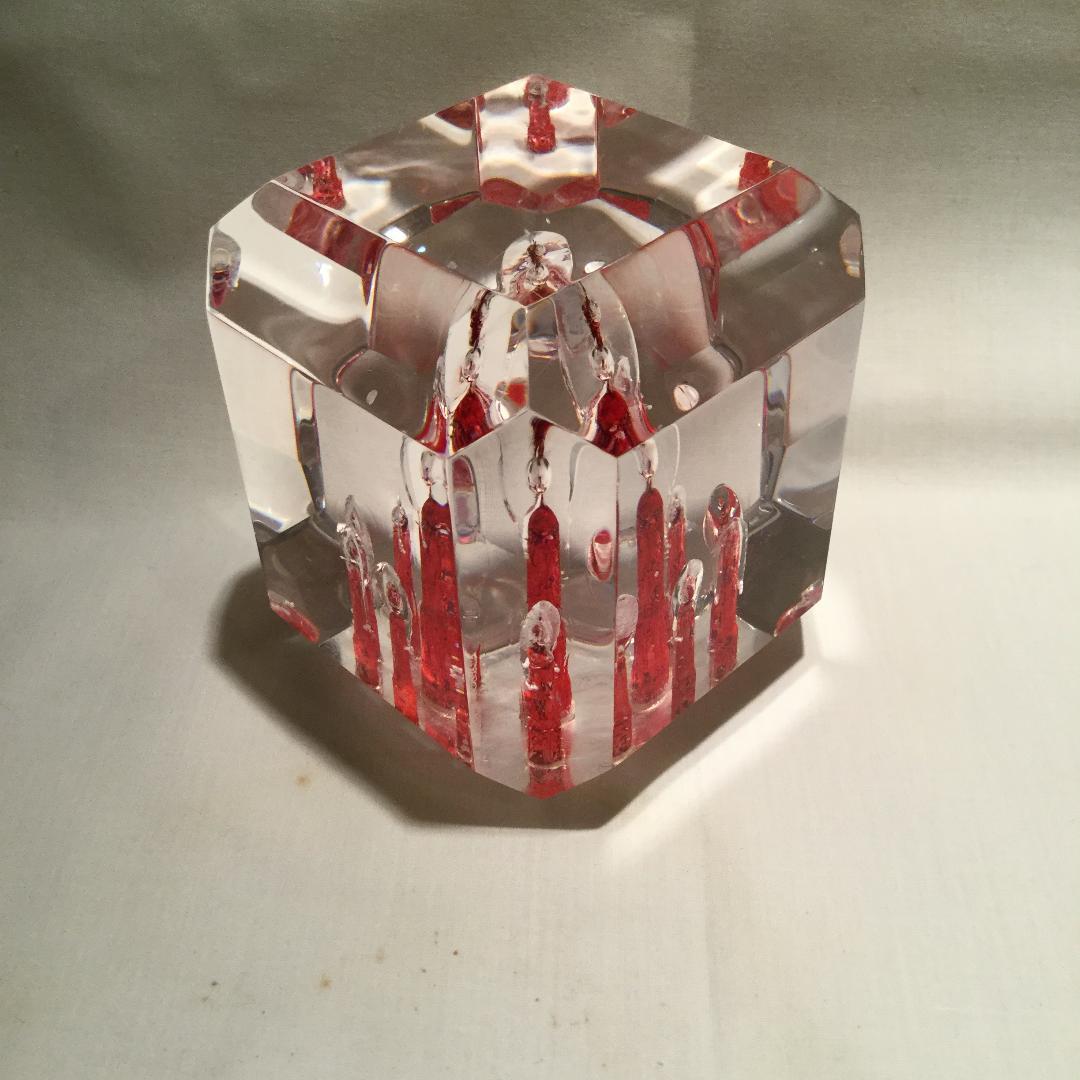 Late 20th Century Rare Large Lucite Cube Paperweight-Red and Clear For Sale