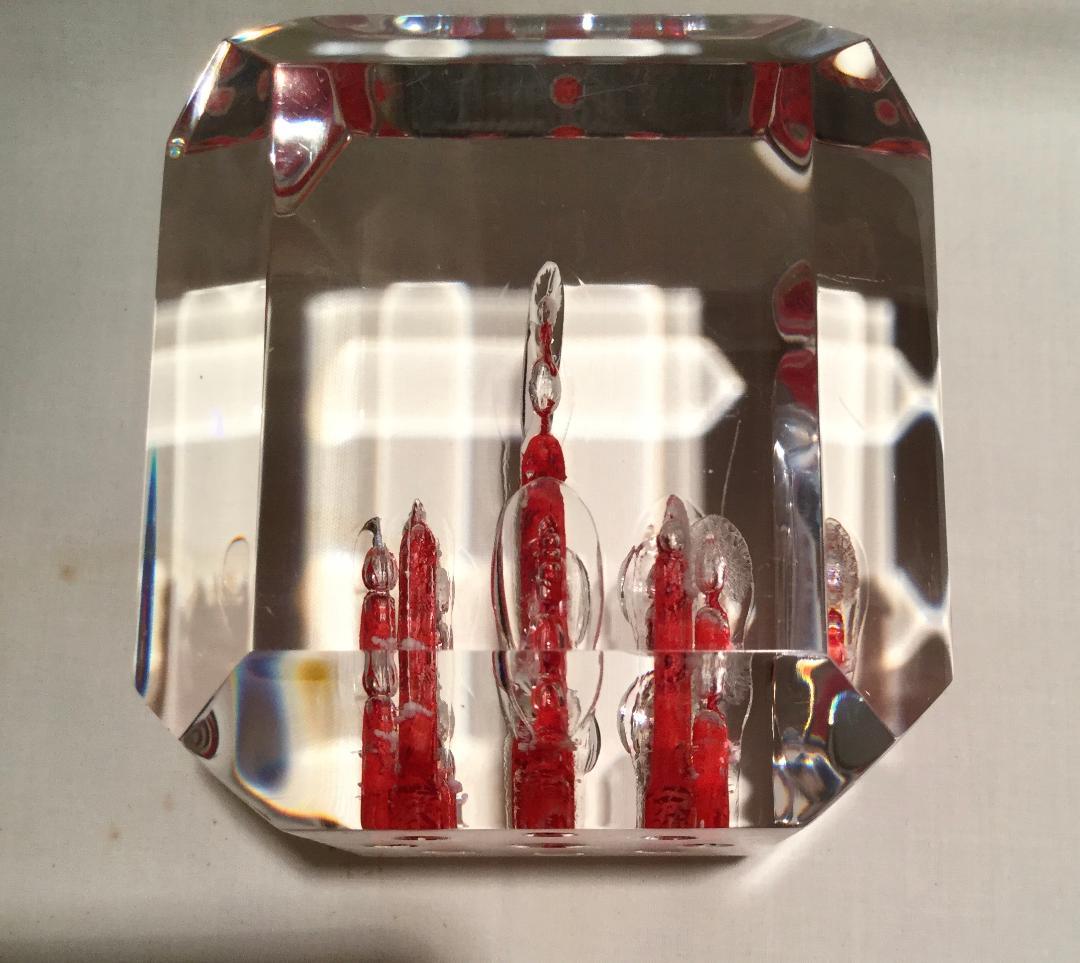 Acrylic Rare Large Lucite Cube Paperweight-Red and Clear For Sale