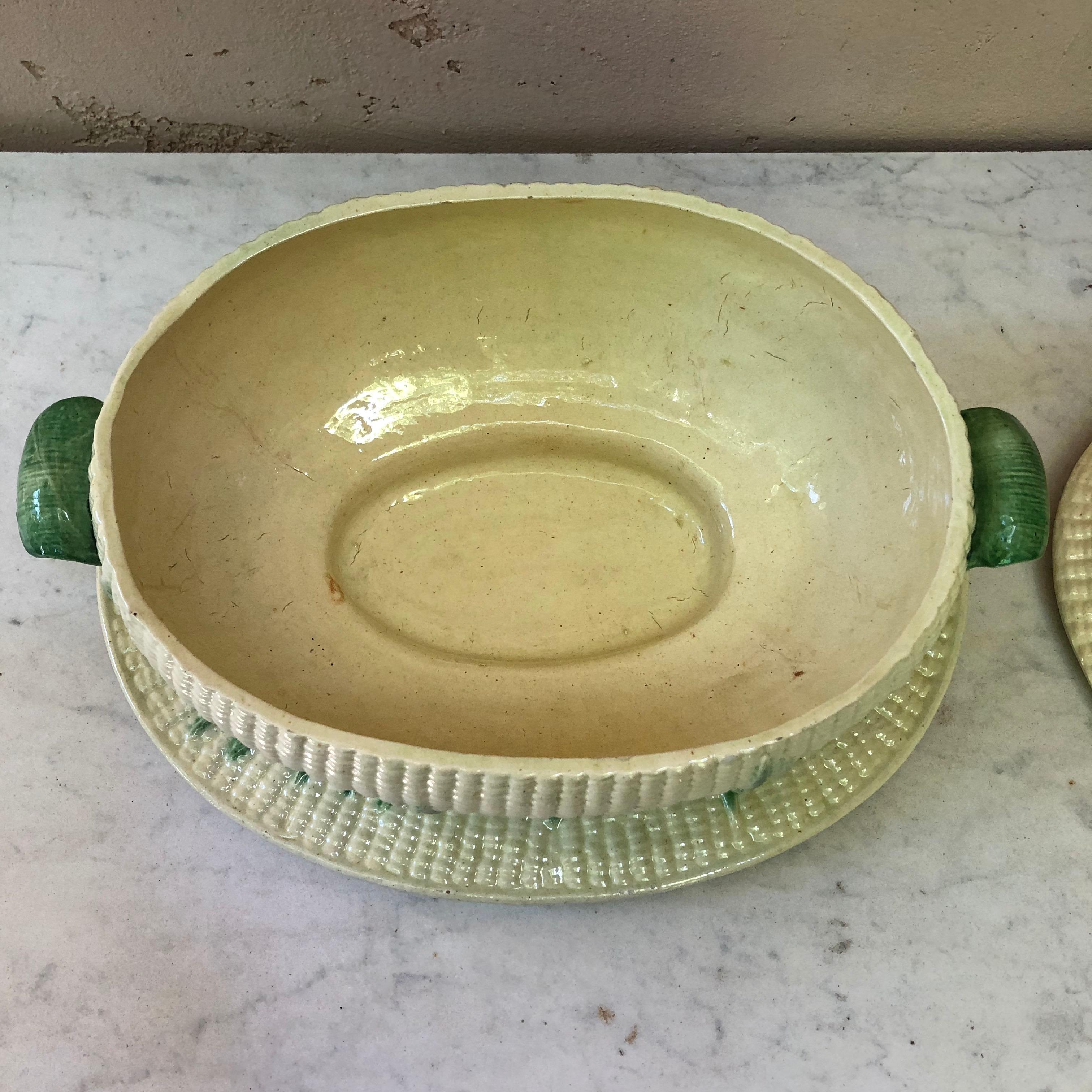 Rare Large Majolica Corn Tureen Jose A. Cunha, circa 1895 In Good Condition In Austin, TX