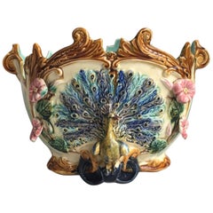 Rare Large Majolica Peacock Jardinière Onnaing, circa 1880