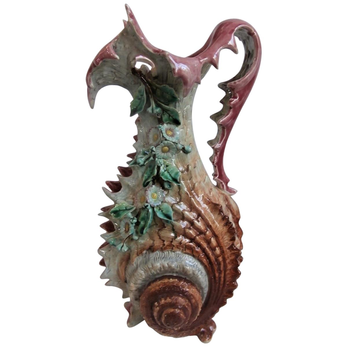 Rare Large Majolica Shell Pitcher Ewer Fives Lille, circa 1890