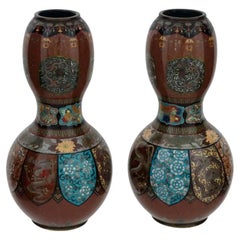 Rare Large Meiji Japanese Cloisonne Double Gourd Enamel Vases