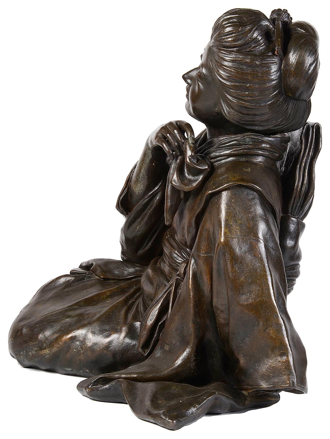 Japanese Rare Large Meiji Period Bronze of a Reclining Female For Sale