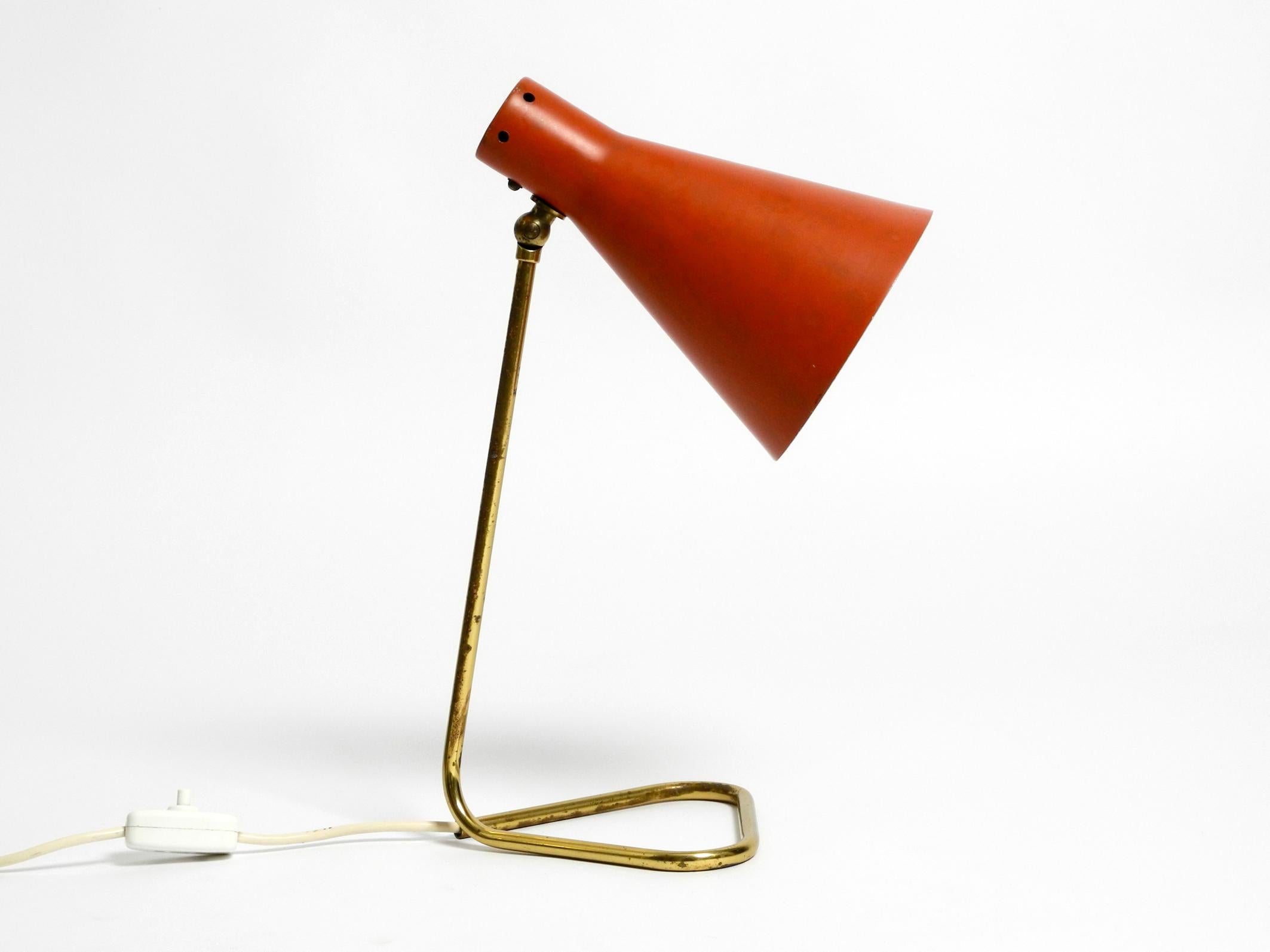 Italian Rare Large Mid-Century Modern Brass Table Lamp with Brick Red Shade For Sale