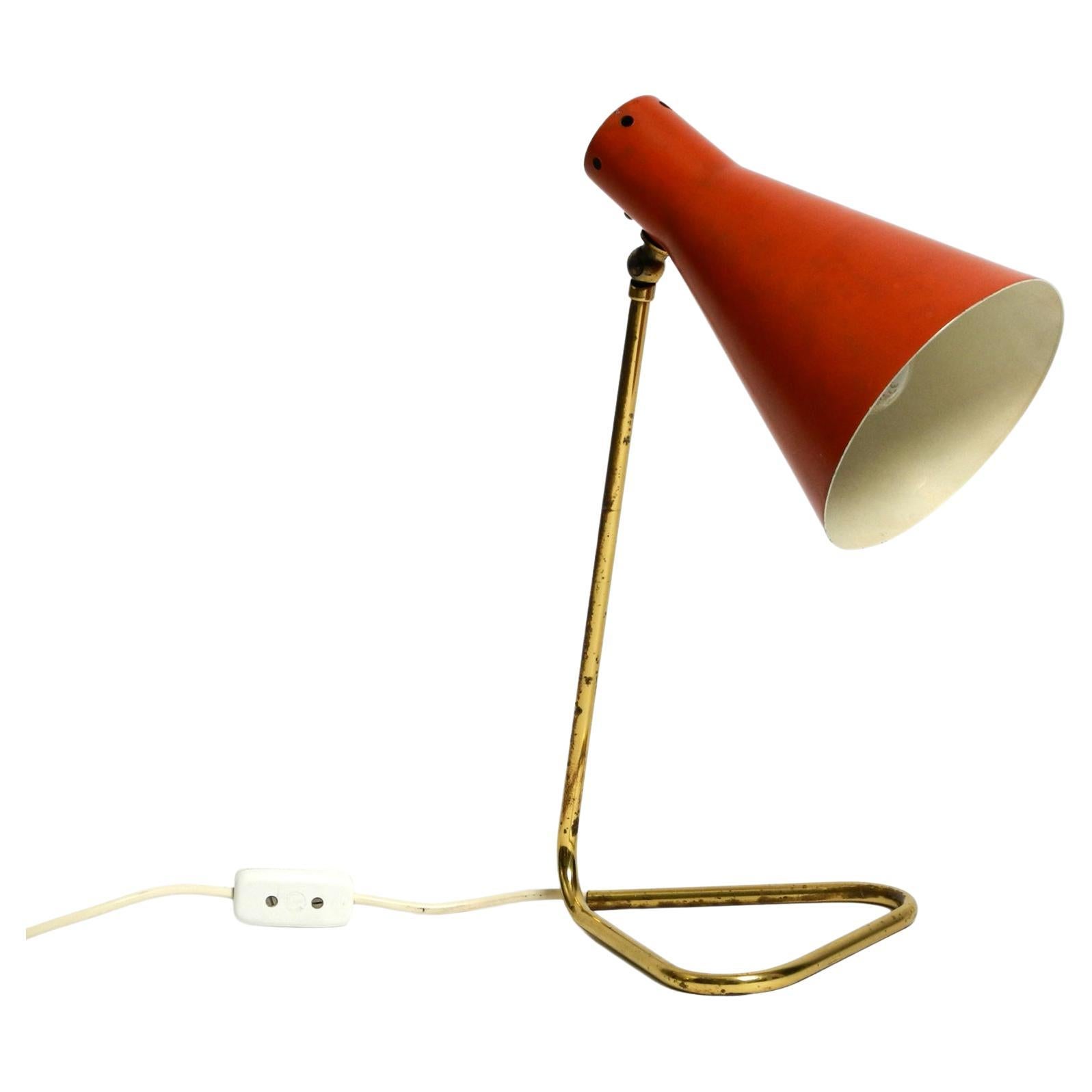 Rare Large Mid-Century Modern Brass Table Lamp with Brick Red Shade For Sale