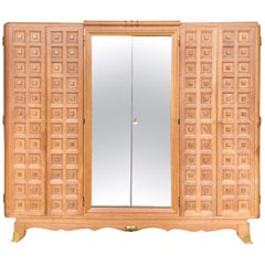Rare Large Mirrored French Art Deco Wardrobe in Solid Oak and Brass, 1940s
