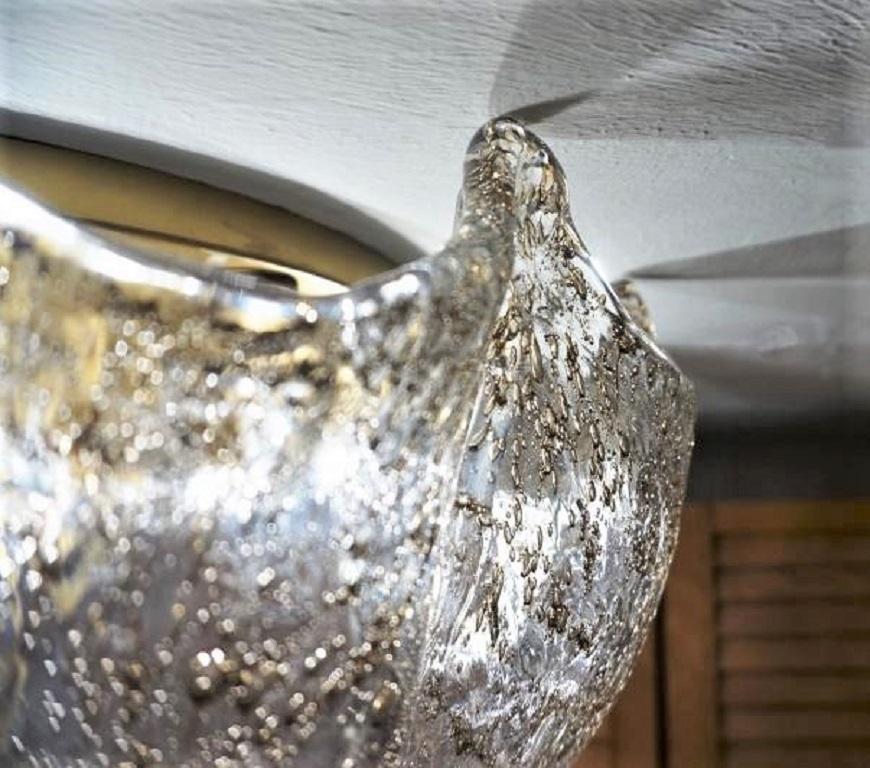 Brass Rare Large Murano Ice Glass Circular Flush Mount, Kaiser Leuchten, 1960s For Sale