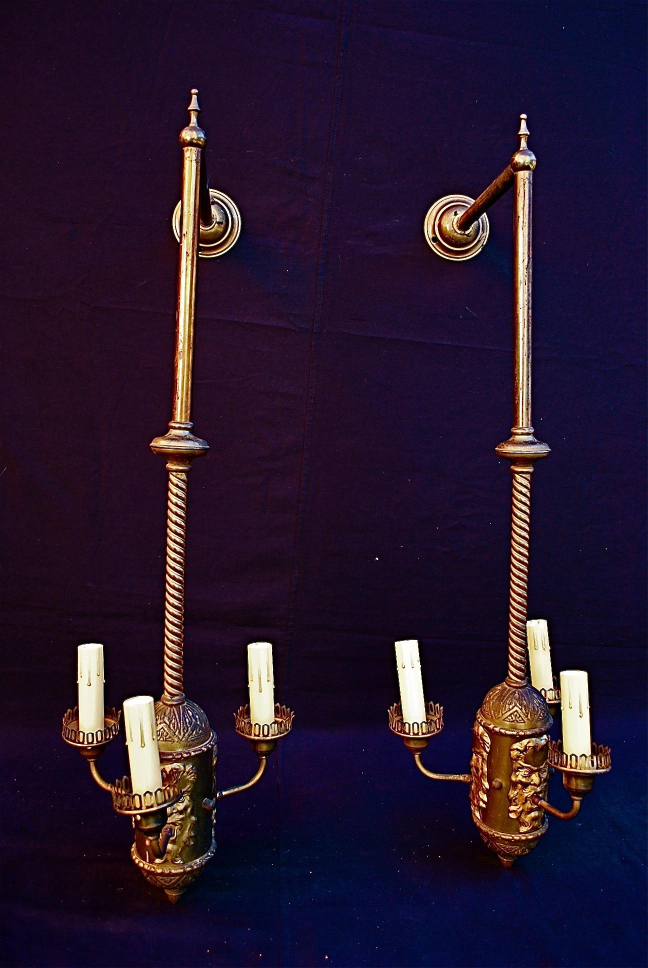 Rare Large Pair of 1930s  Brass  Sconces In Good Condition In Los Angeles, CA