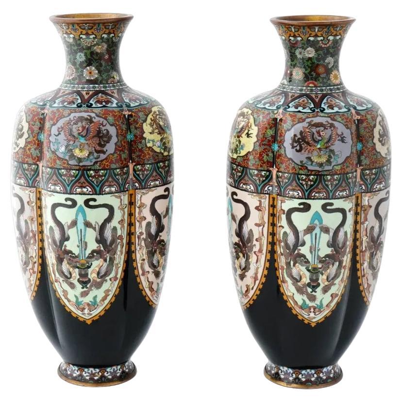 Rare Large Pair of Antique Meiji Japanese Cloisonne Enamel Lobbed Vases with Dra