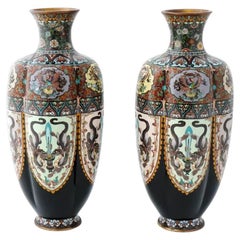 Rare Large Pair of Antique Meiji Japanese Cloisonne Enamel Lobbed Vases with Dra