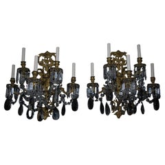 Rare large pair of  French brass and crystals sconces