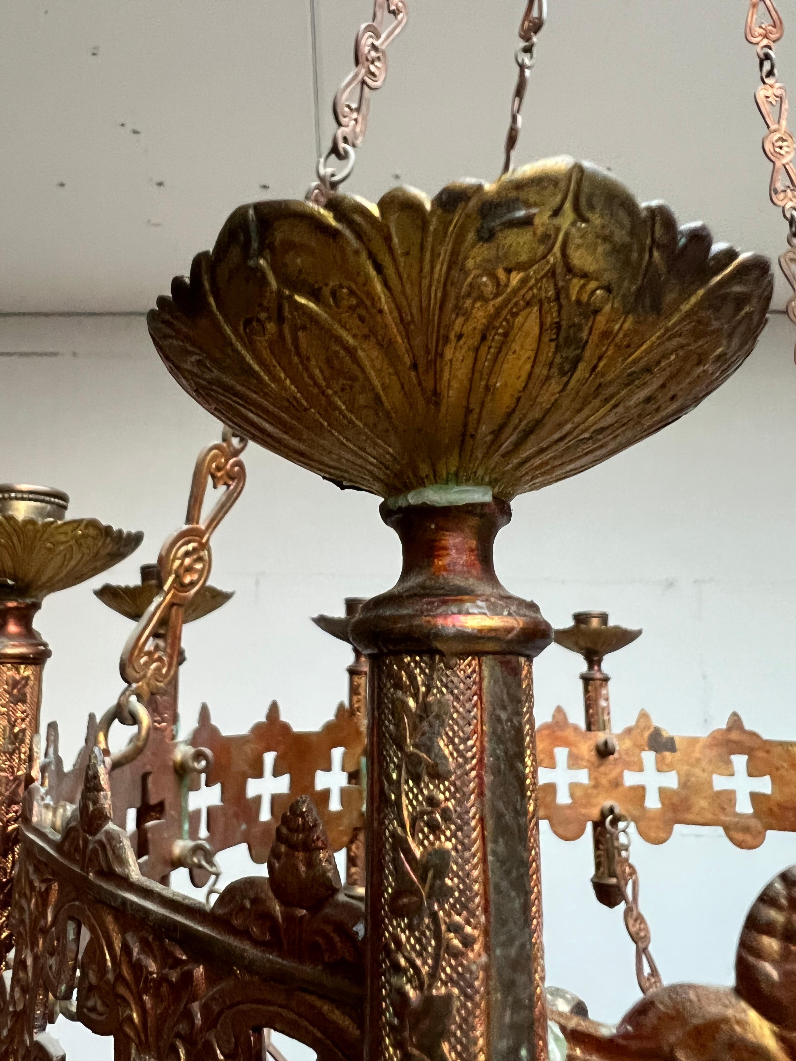 Rare & Large Pair of Gilt Bronze Gothic Revival Advent Wreath Candle Chandeliers 7