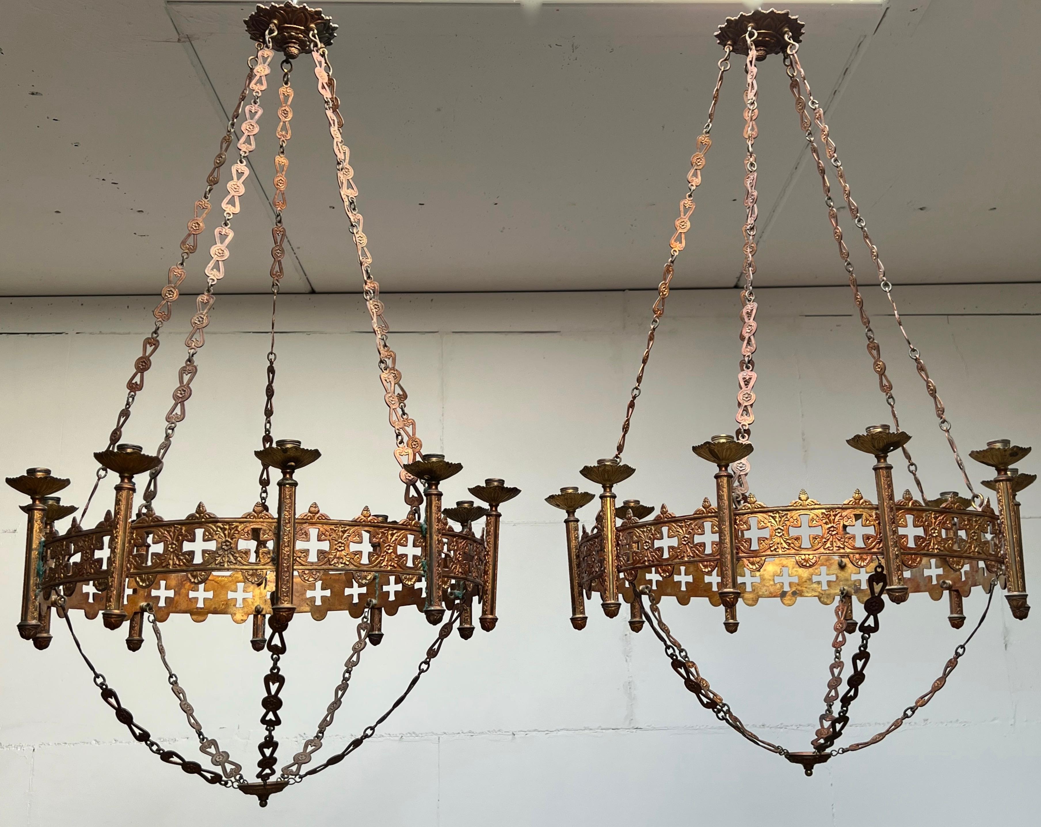 Beautiful and meaningful church or monastery relics from the late 1800s.

These impressive and all handcrafted candle chandeliers from the late 19th century are designed in the shape of an advent wreath and this large pair can also be made
