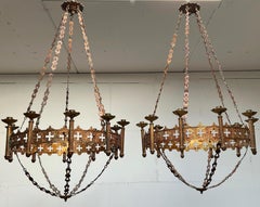 Rare & Large Pair of Gilt Bronze Gothic Revival Advent Wreath Candle Chandeliers