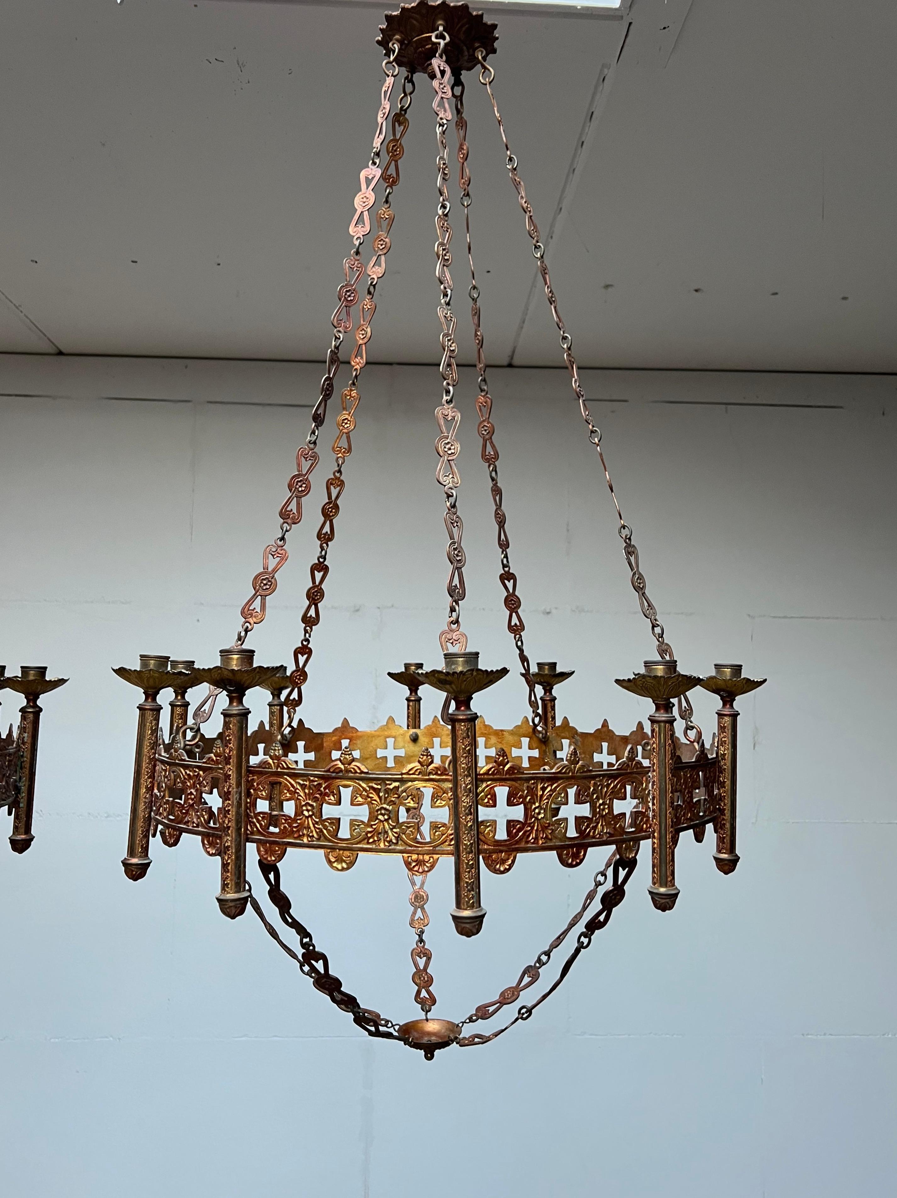 Hand-Crafted Rare & Large Pair of Gilt Bronze Gothic Revival Advent Wreath Candle Chandeliers