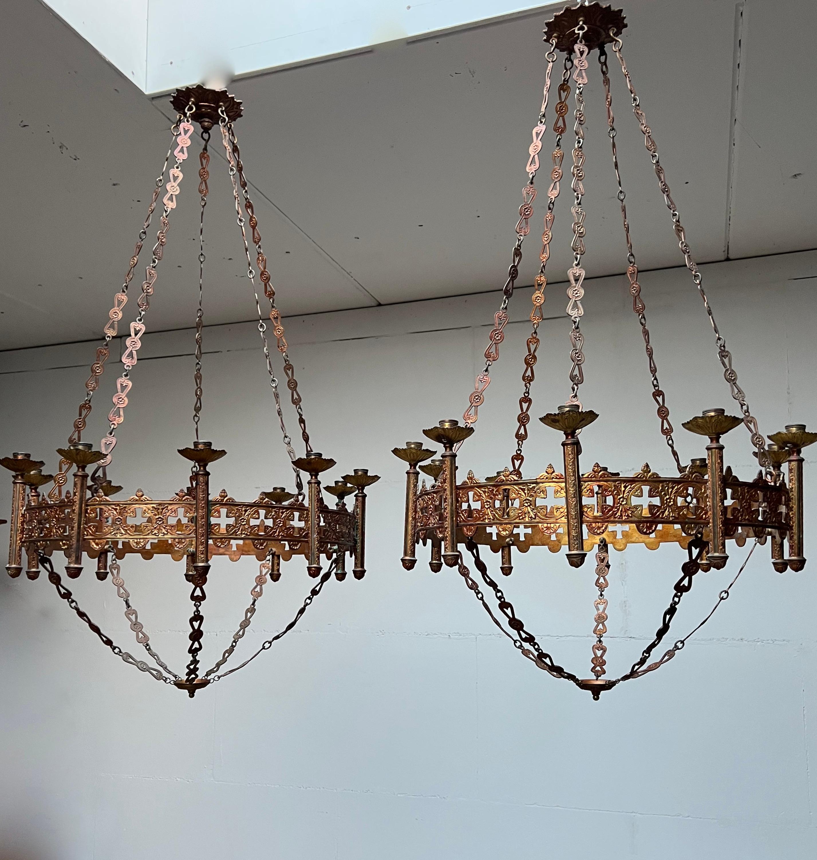 19th Century Rare & Large Pair of Gilt Bronze Gothic Revival Advent Wreath Candle Chandeliers