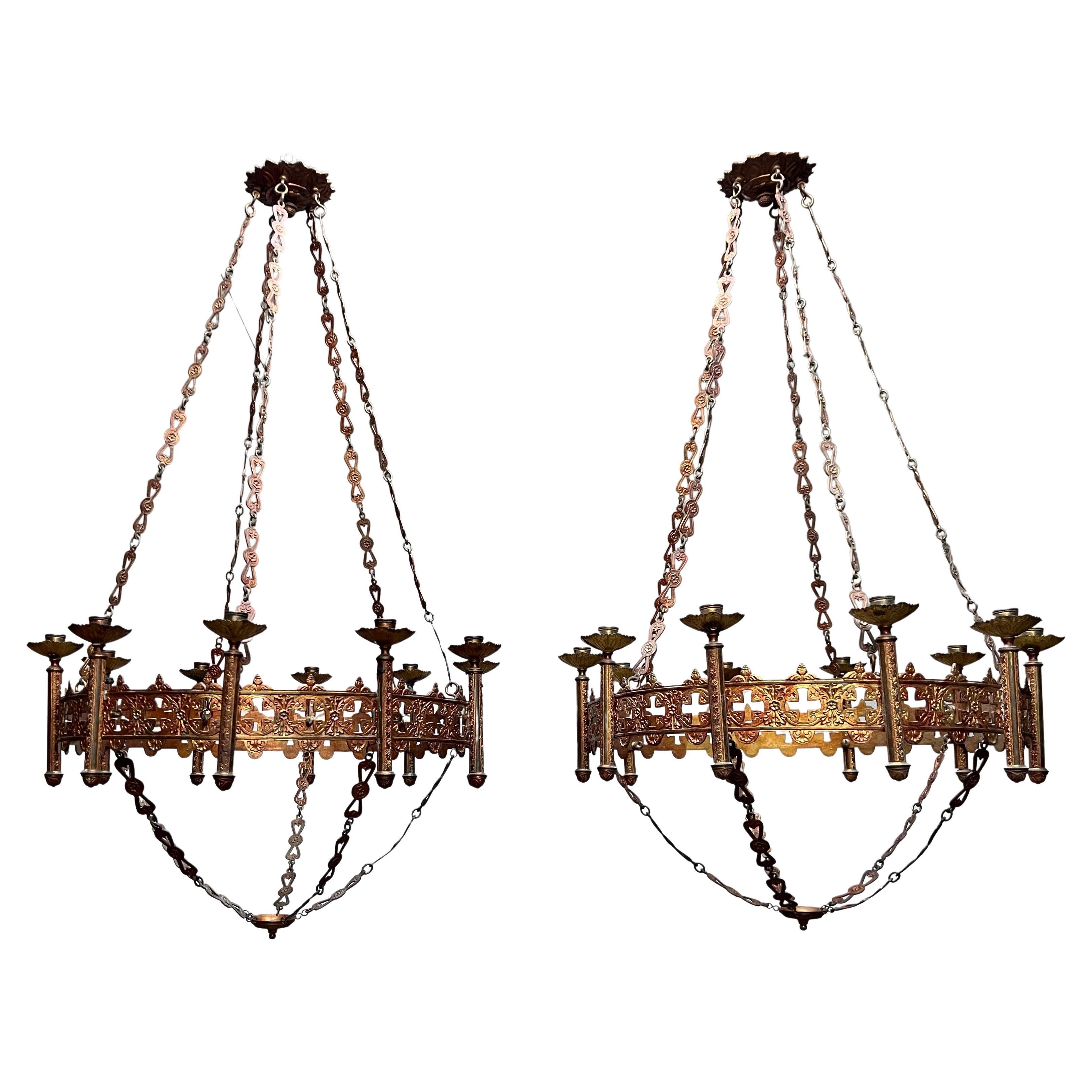 Rare & Large Pair of Gilt Bronze Gothic Revival Advent Wreath Candle Chandeliers