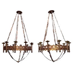 Rare & Large Pair of Gilt Bronze Gothic Revival Advent Wreath Candle Chandeliers