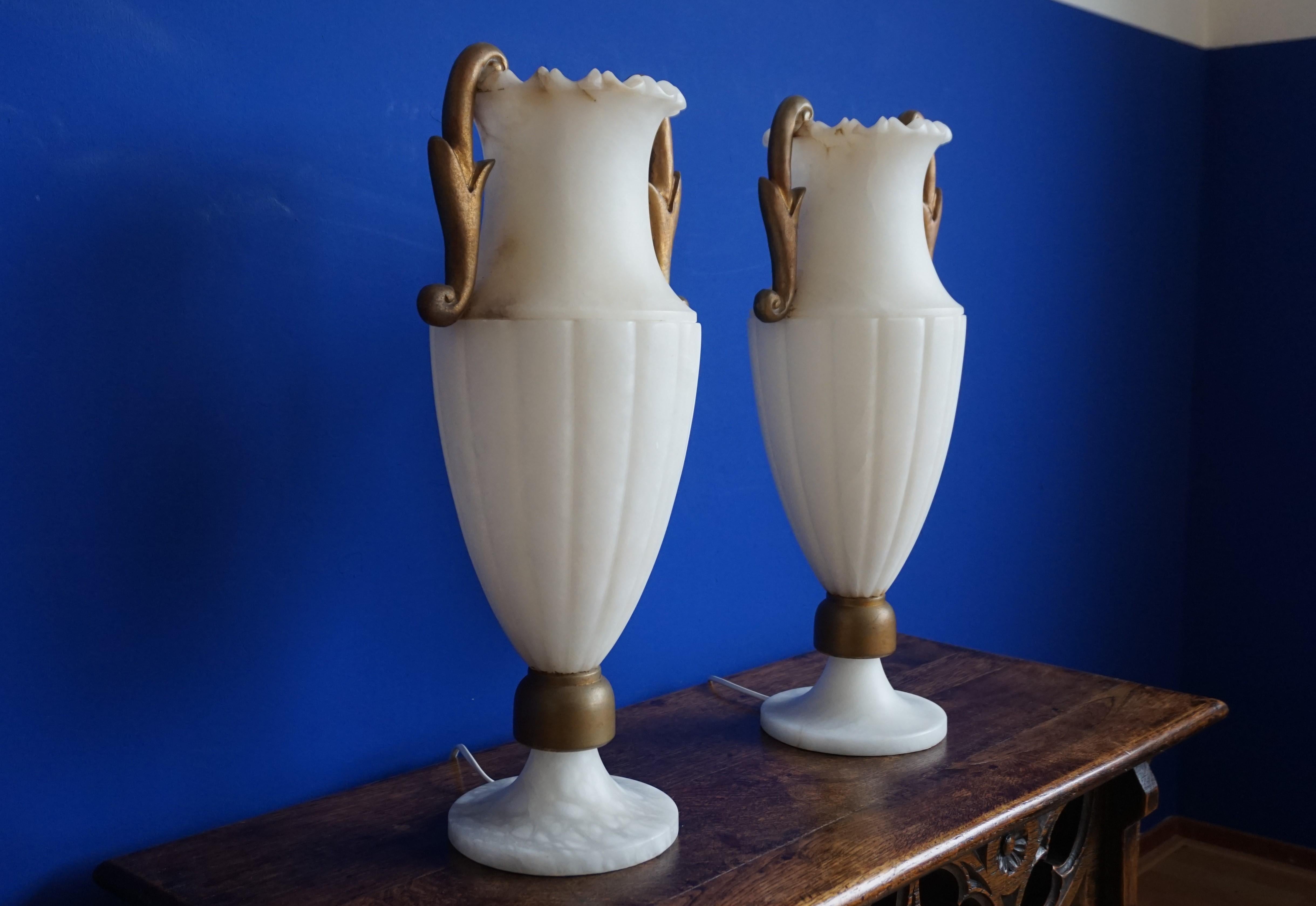 Rare & Large Pair of Hollywood Regency Handcrafted Alabaster Table Lamps, 1970s For Sale 14