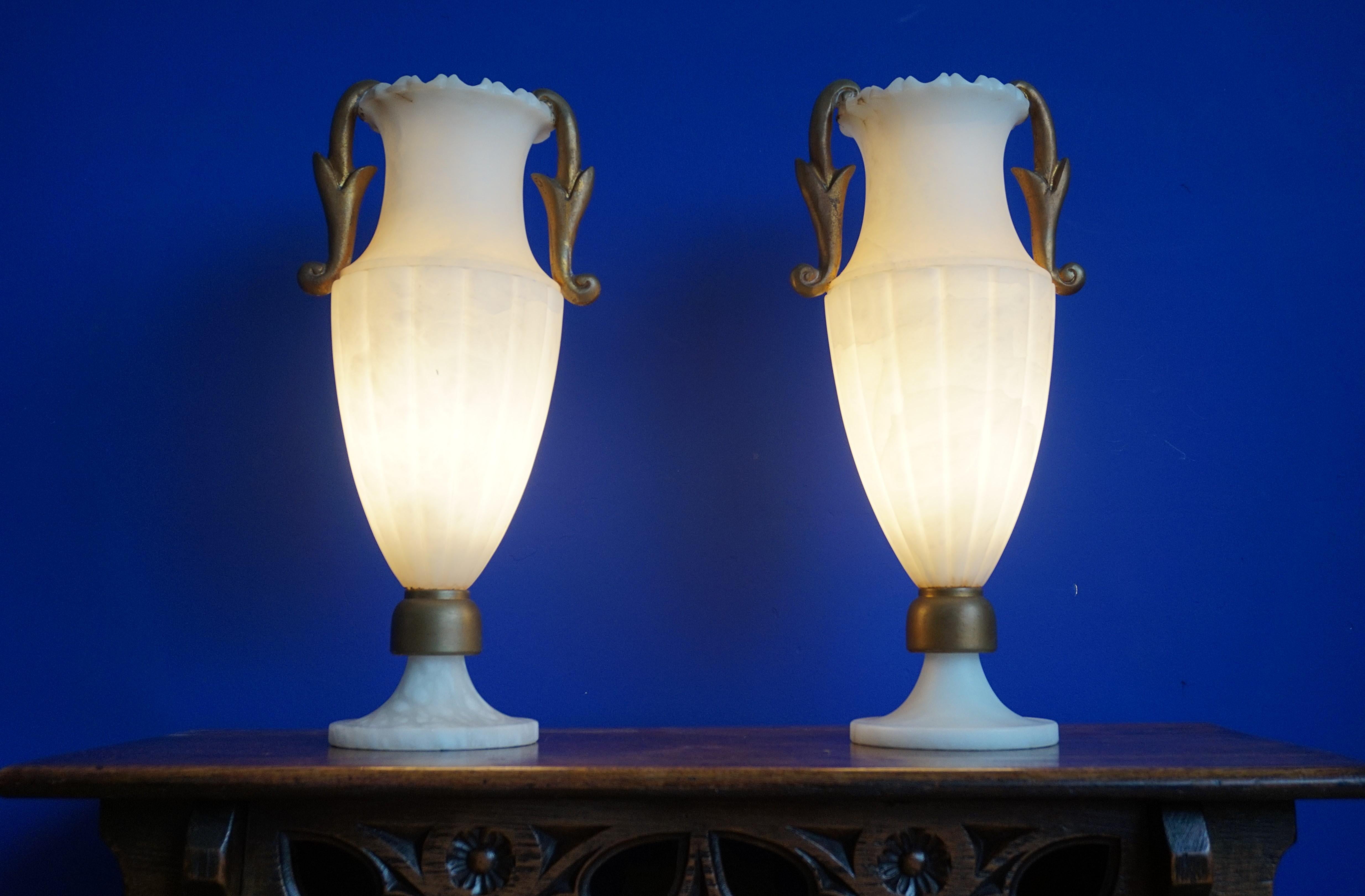 European Rare & Large Pair of Hollywood Regency Handcrafted Alabaster Table Lamps, 1970s For Sale