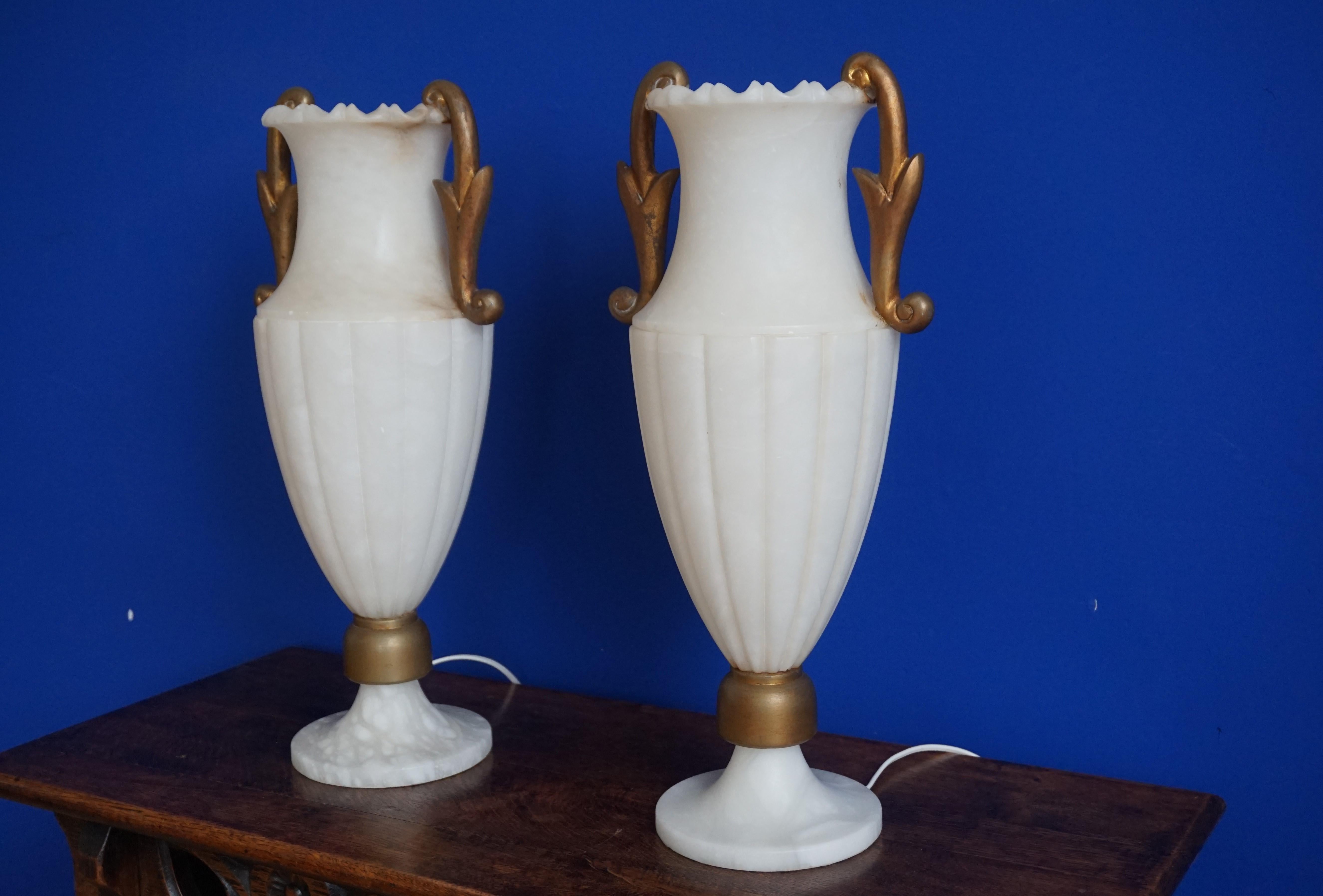 Hand-Crafted Rare & Large Pair of Hollywood Regency Handcrafted Alabaster Table Lamps, 1970s For Sale