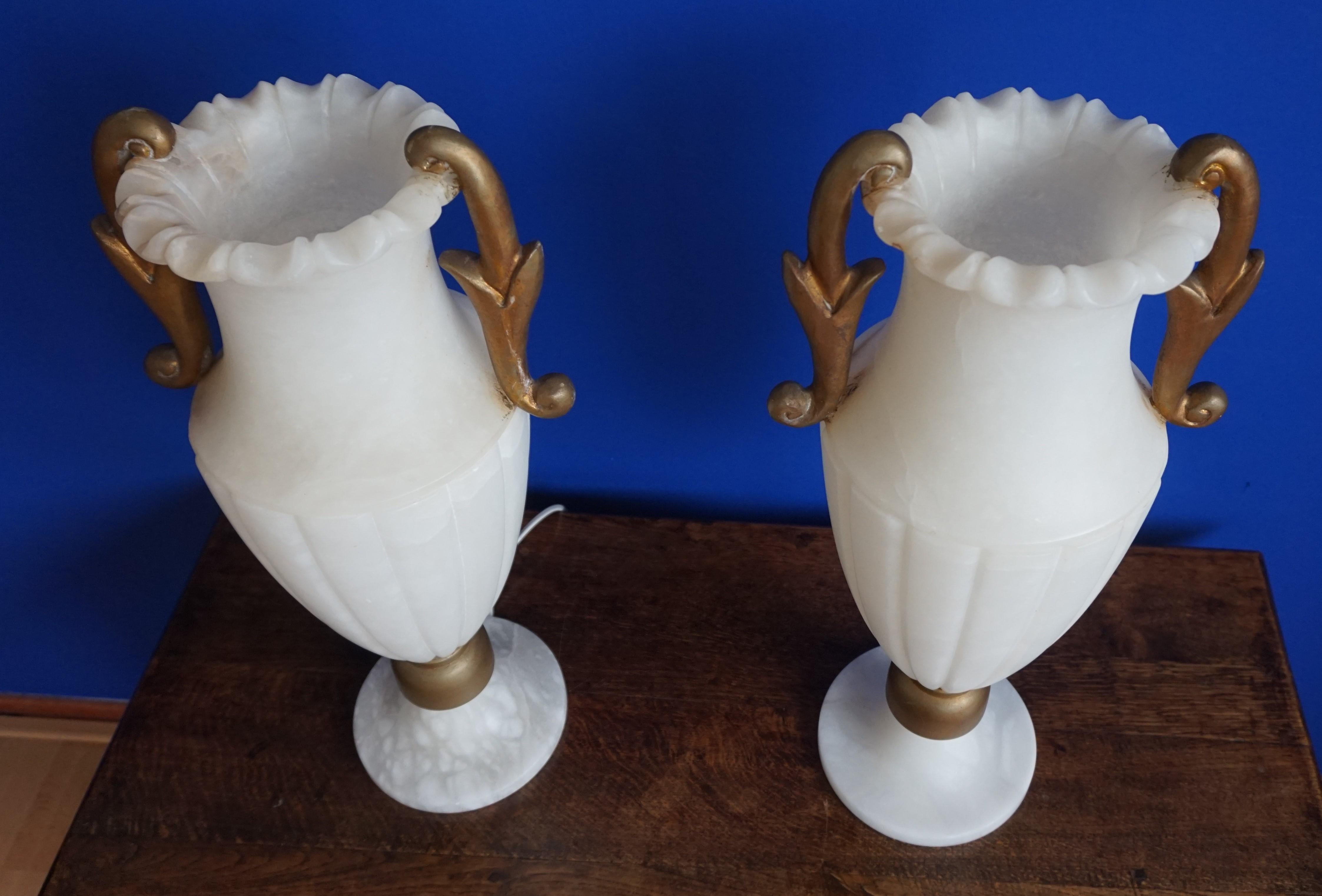 Rare & Large Pair of Hollywood Regency Handcrafted Alabaster Table Lamps, 1970s For Sale 3