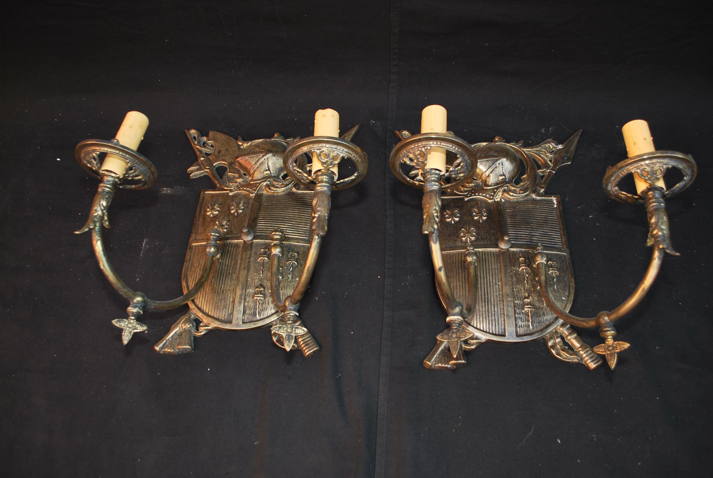 American Rare Large Pair of Late 19th Century Solid Brass Sconces For Sale