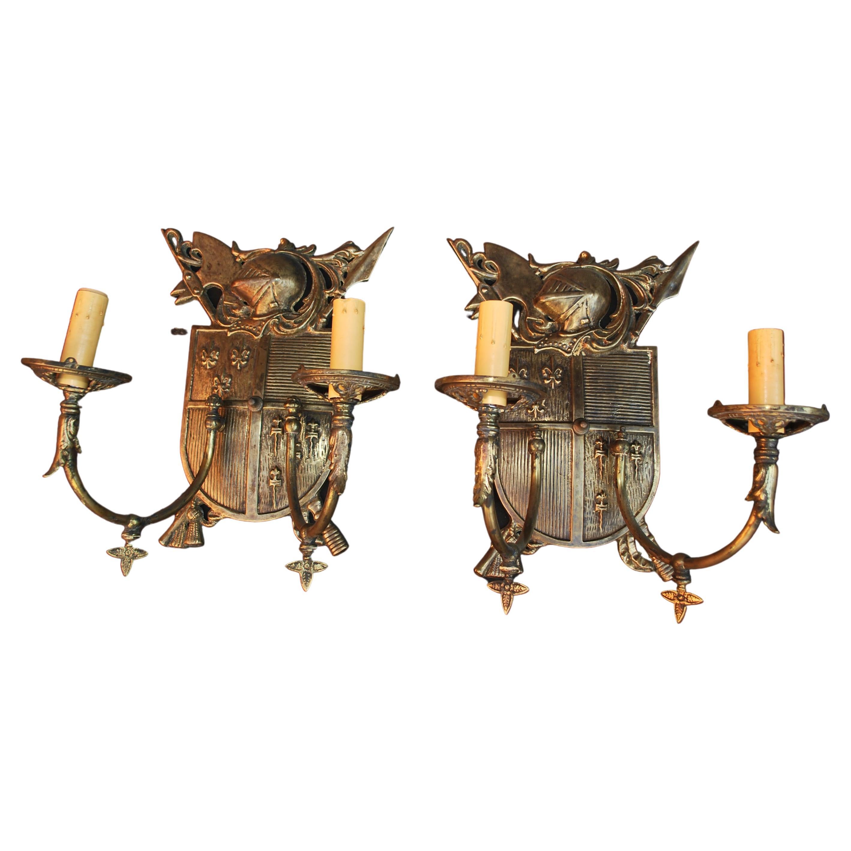 Rare Large Pair of Late 19th Century Solid Brass Sconces For Sale