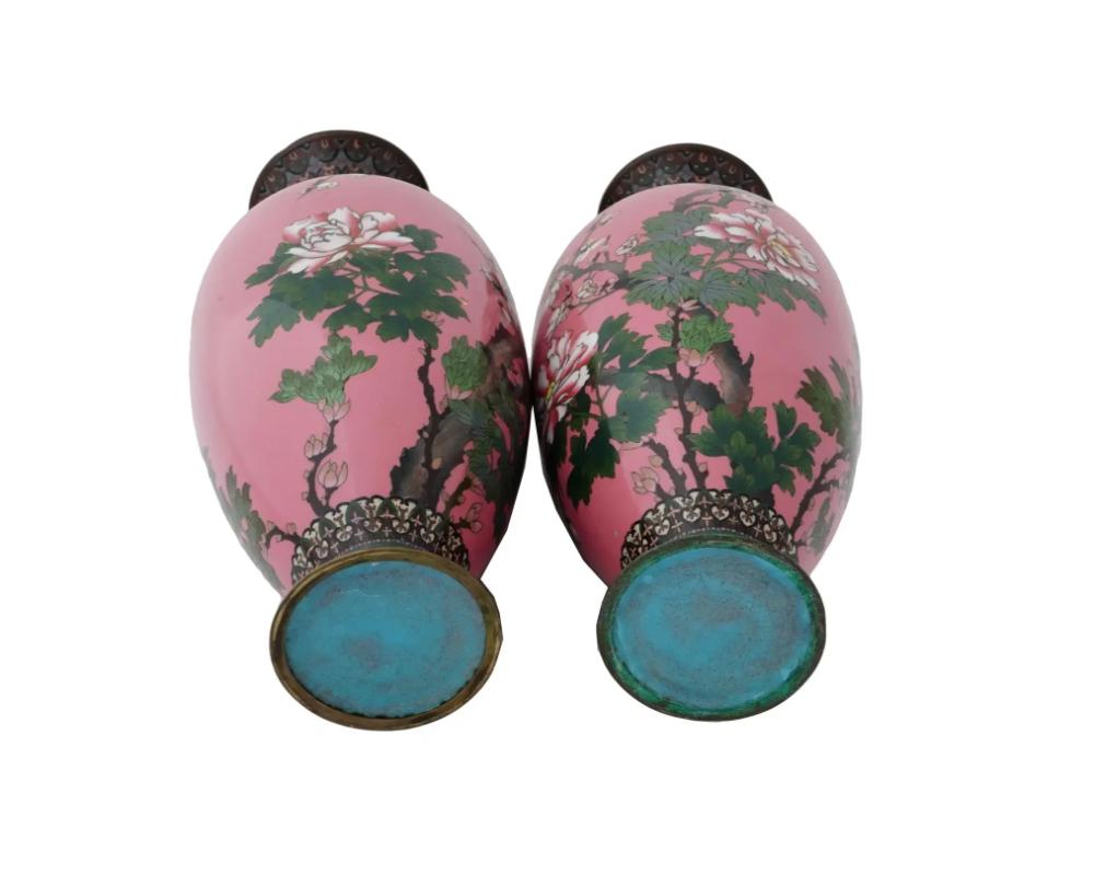 Raro par grande de jarrones antiguos japoneses Meiji de esmalte cloisonné rosa siglo XIX en venta