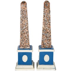 Rare Large Ralph Wood Blue Pearlware Pottery Obelisks, circa 1790