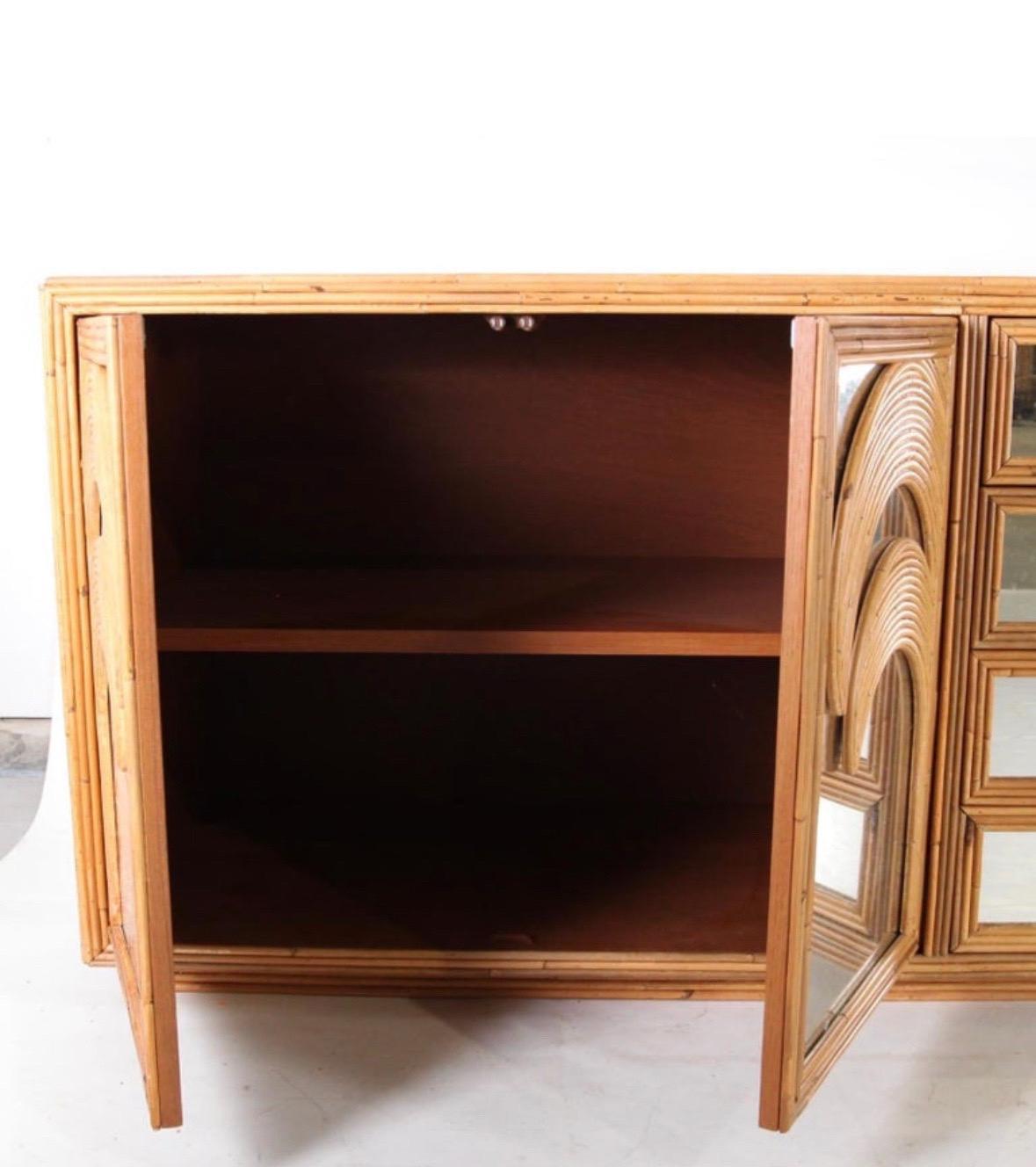 Contemporary Rare large rattan and mirrored credenza For Sale