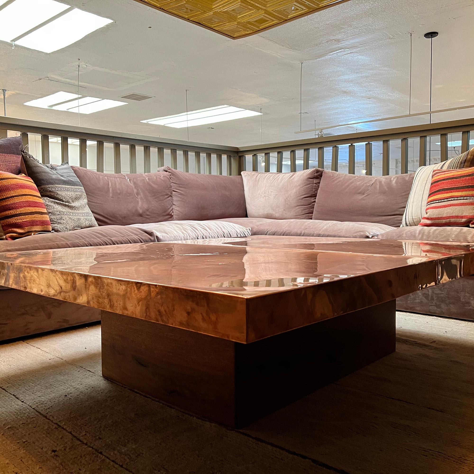 Mid-Century Modern Rare Large Rectangle Copper Clad Coffee Table with Wooden Base