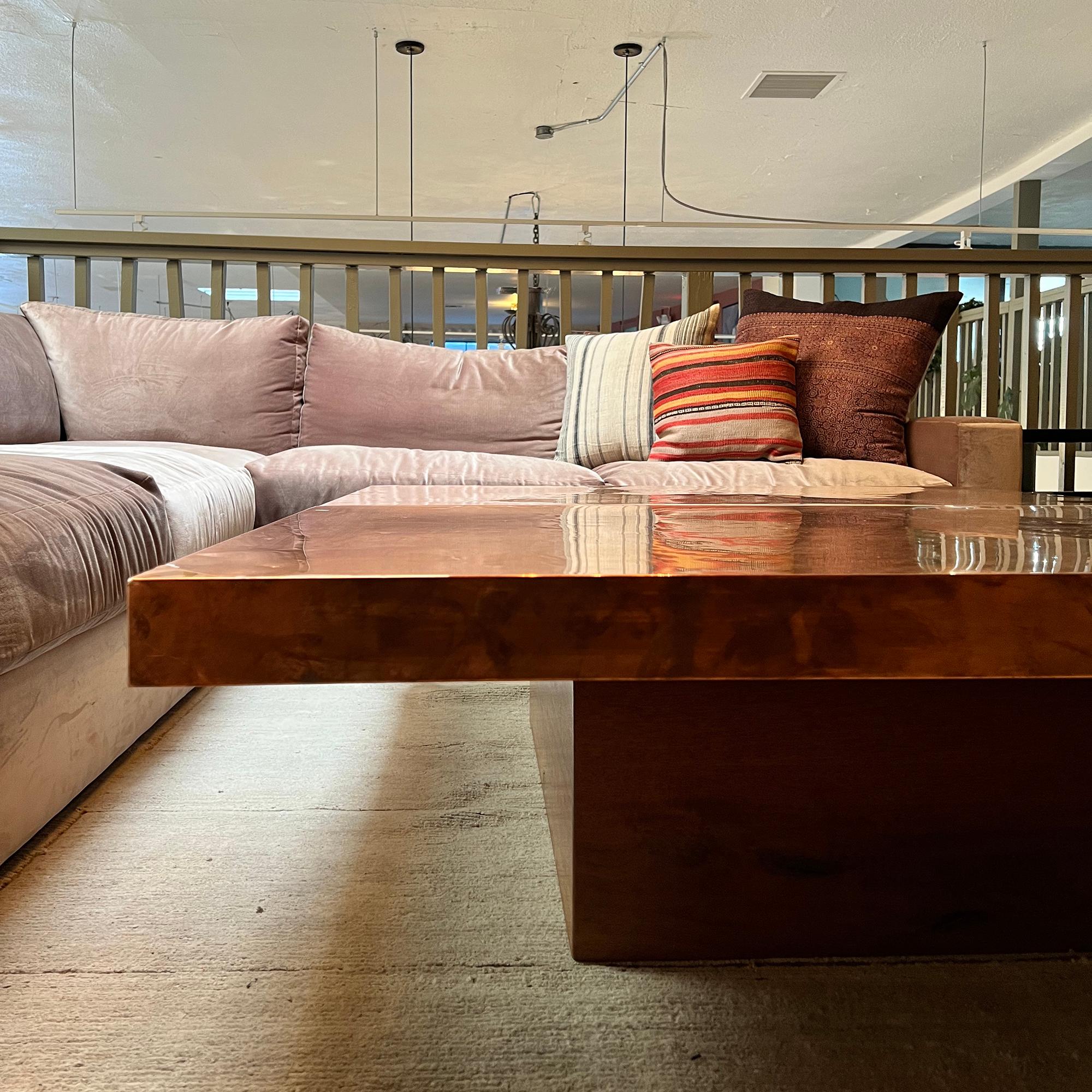 Rare Large Rectangle Copper Clad Coffee Table with Wooden Base In Good Condition In Los Angeles, CA