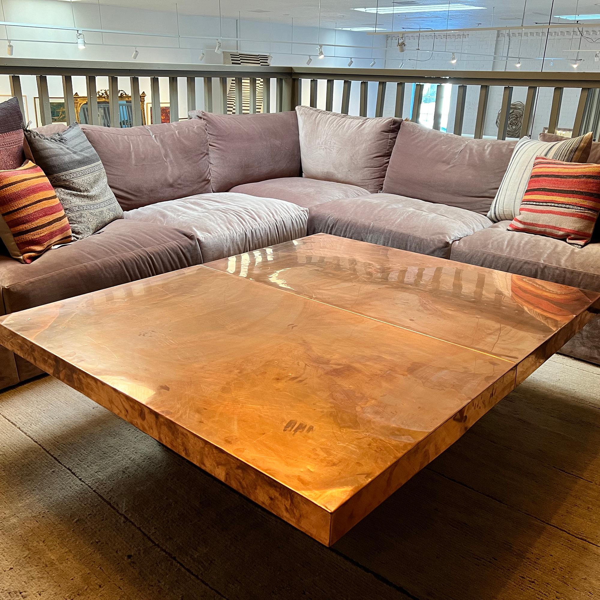 Mid-20th Century Rare Large Rectangle Copper Clad Coffee Table with Wooden Base