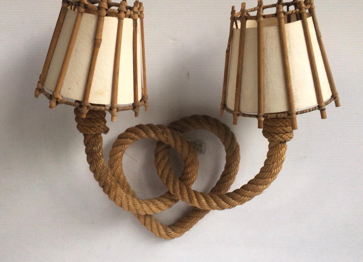 Mid-Century Modern Large Rope & Rattan Heart Shape Sconce Adrien Audoux and Frida Minet