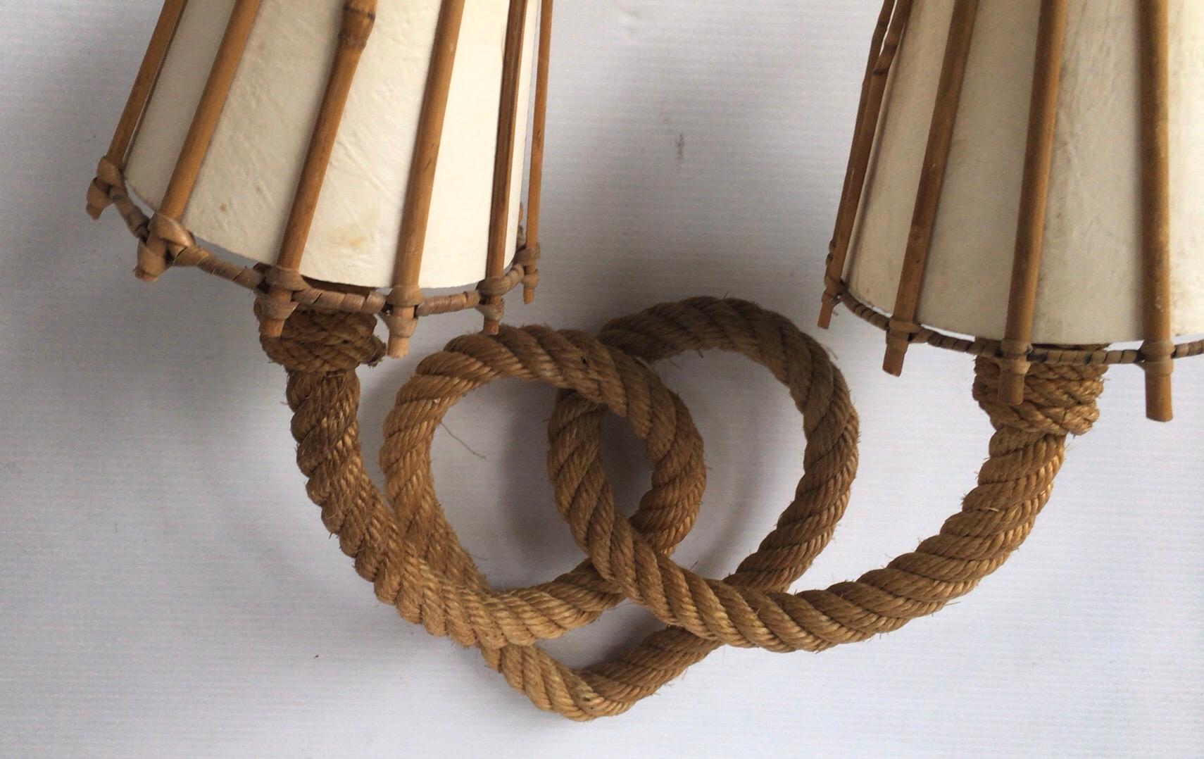 Mid-20th Century Large Rope & Rattan Heart Shape Sconce Adrien Audoux and Frida Minet