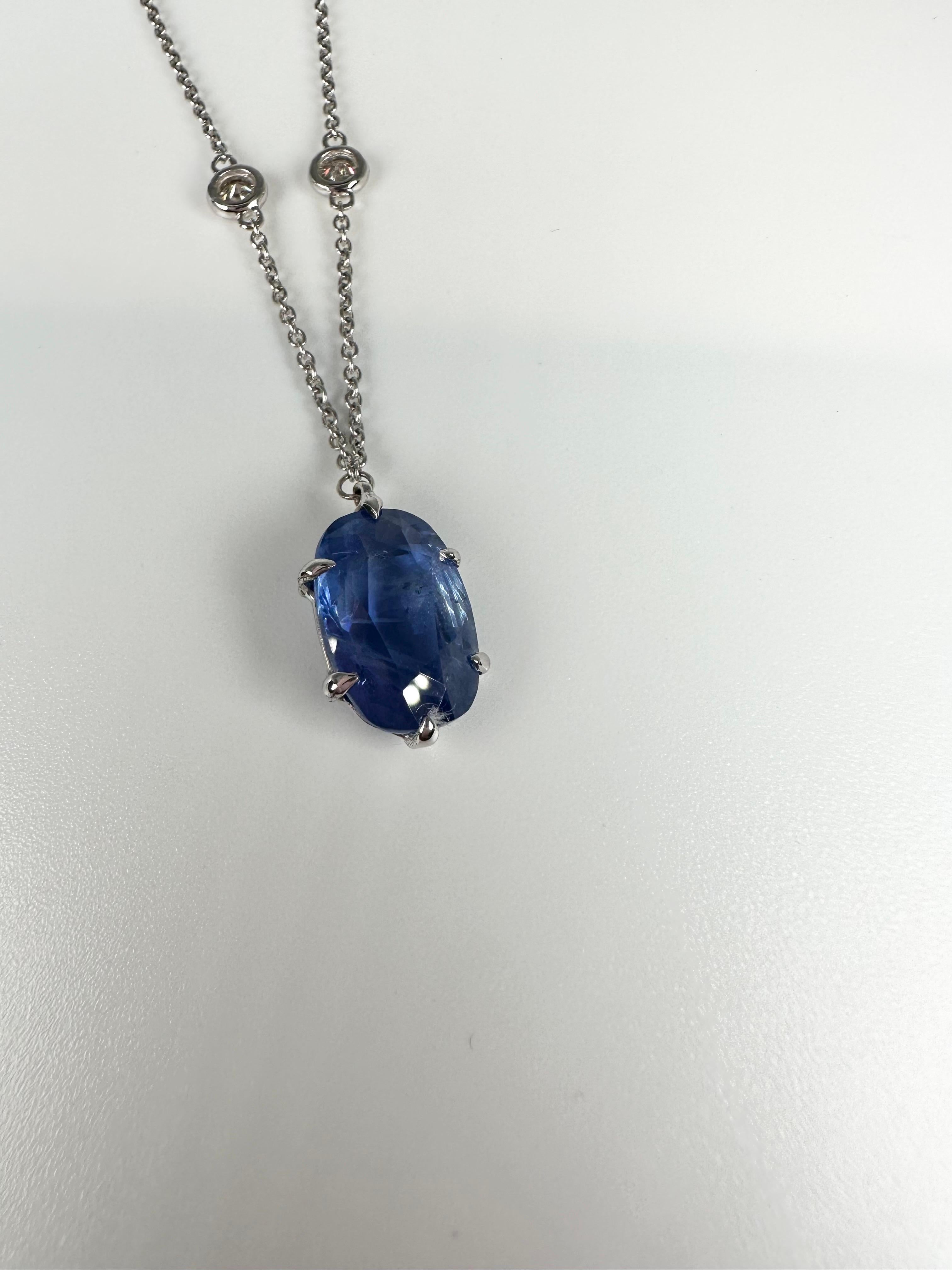 Rare find! Huge center sapphire of 5.14 carats made in modern tiger claw setting with diamond yard necklace in 14KT white gold, this piece is modern and royal at the same time! Unlike other necklaces this one can be worn with white shirt and jeans