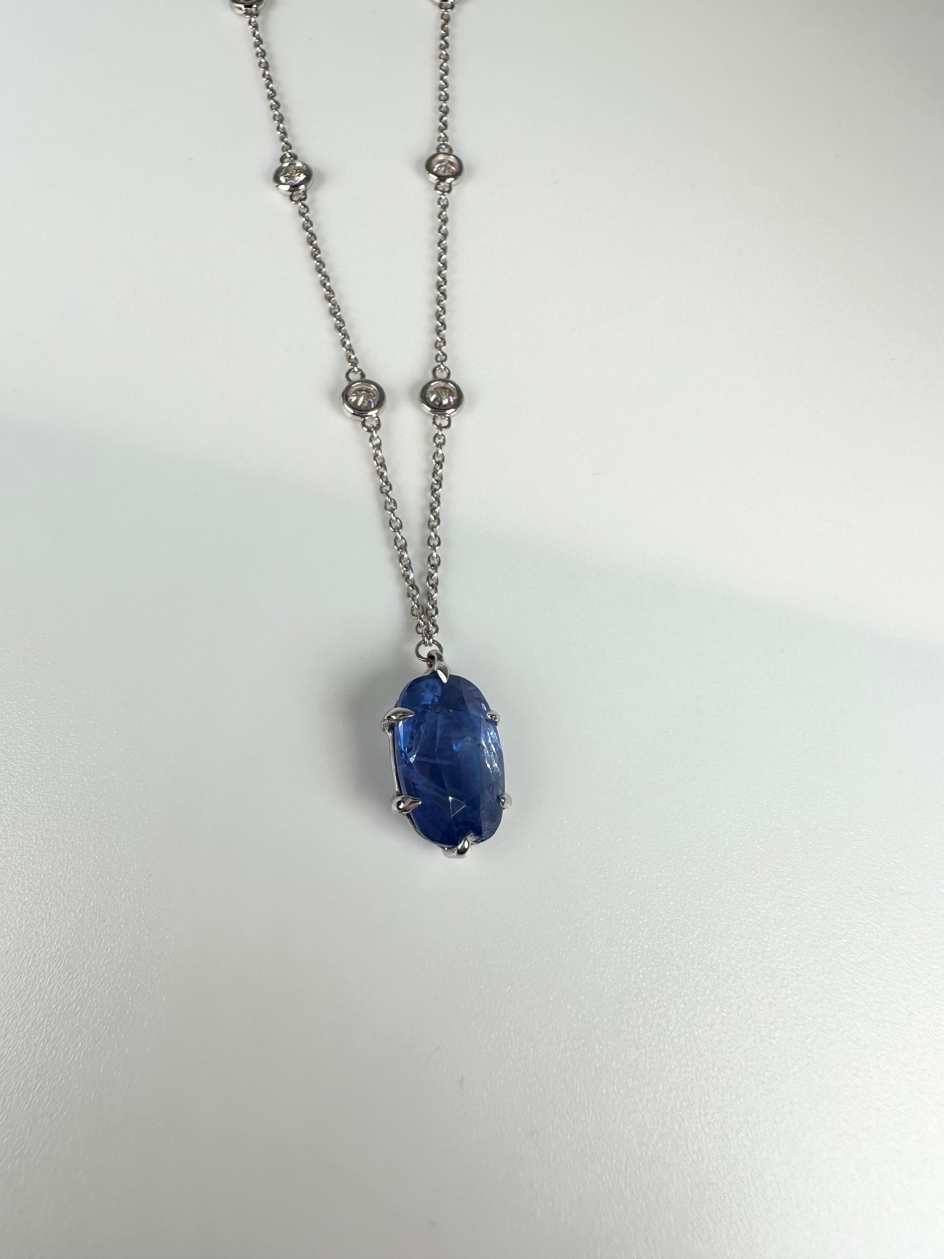 Oval Cut Rare Large Sapphire Diamond Pendant Necklace by the Yard 14kt 5.14ct Sapphire For Sale