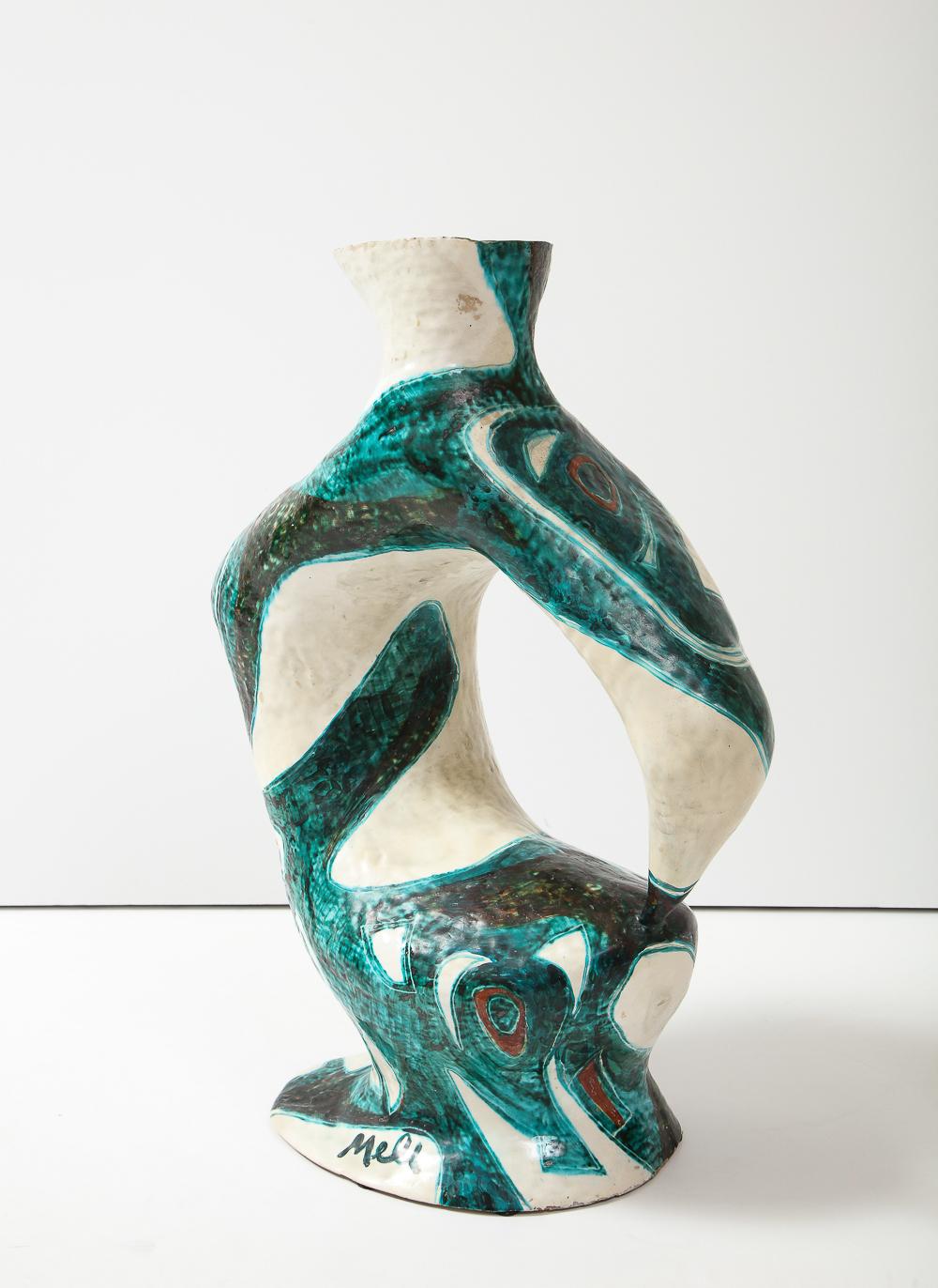 Glazed ceramic. Hand-formed sculptural vessel with abstract surface decoration in green & cream. Sicilian-born and active in Rome, Salvatore Meli drew from the richness and dignity of Etruscan and Greek pottery, establishing a style that was