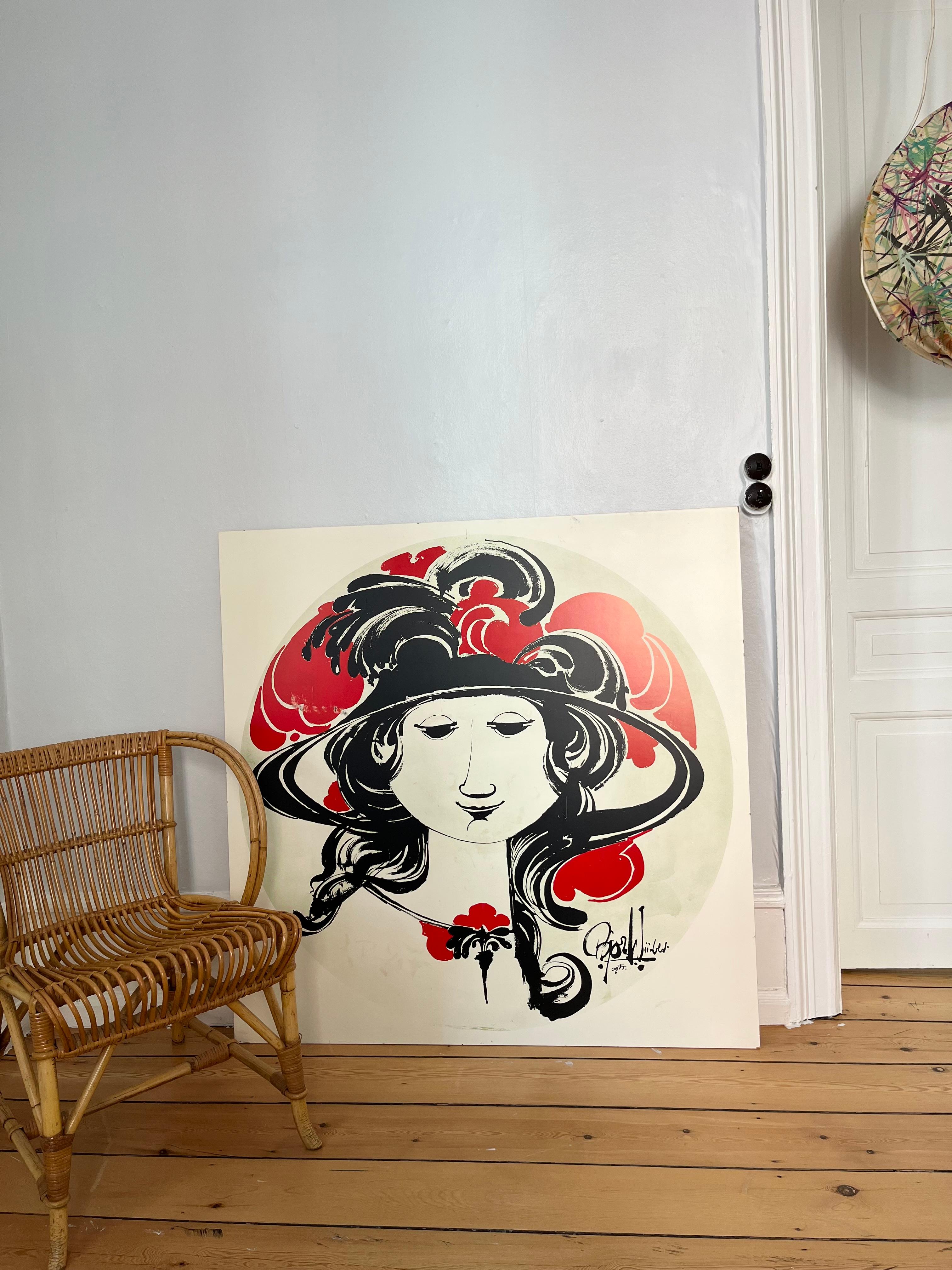 Made for the Admiral Hotel in Copenhagen, this rare large scale silk screen print was made by Danish artist Bjørn Wiinblad (1918-2006) in the 1970s as part of a series for the hotel's decor. 

Mounted on 1 cm thick wood, it measures 110 x 110 cm