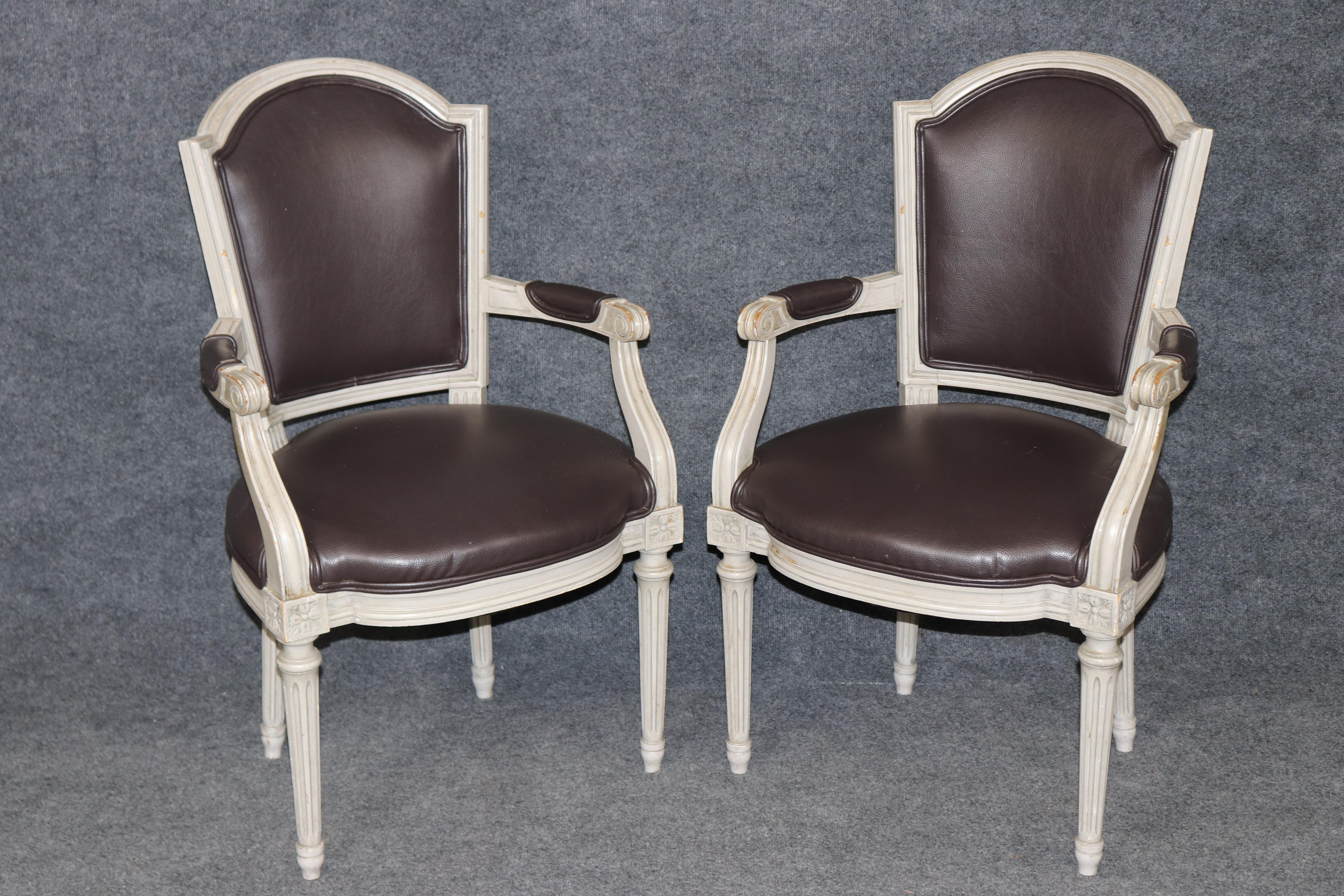 Louis XVI Rare Large Set of 10 Distressed Maison Jansen Style Painted Dining Chairs For Sale