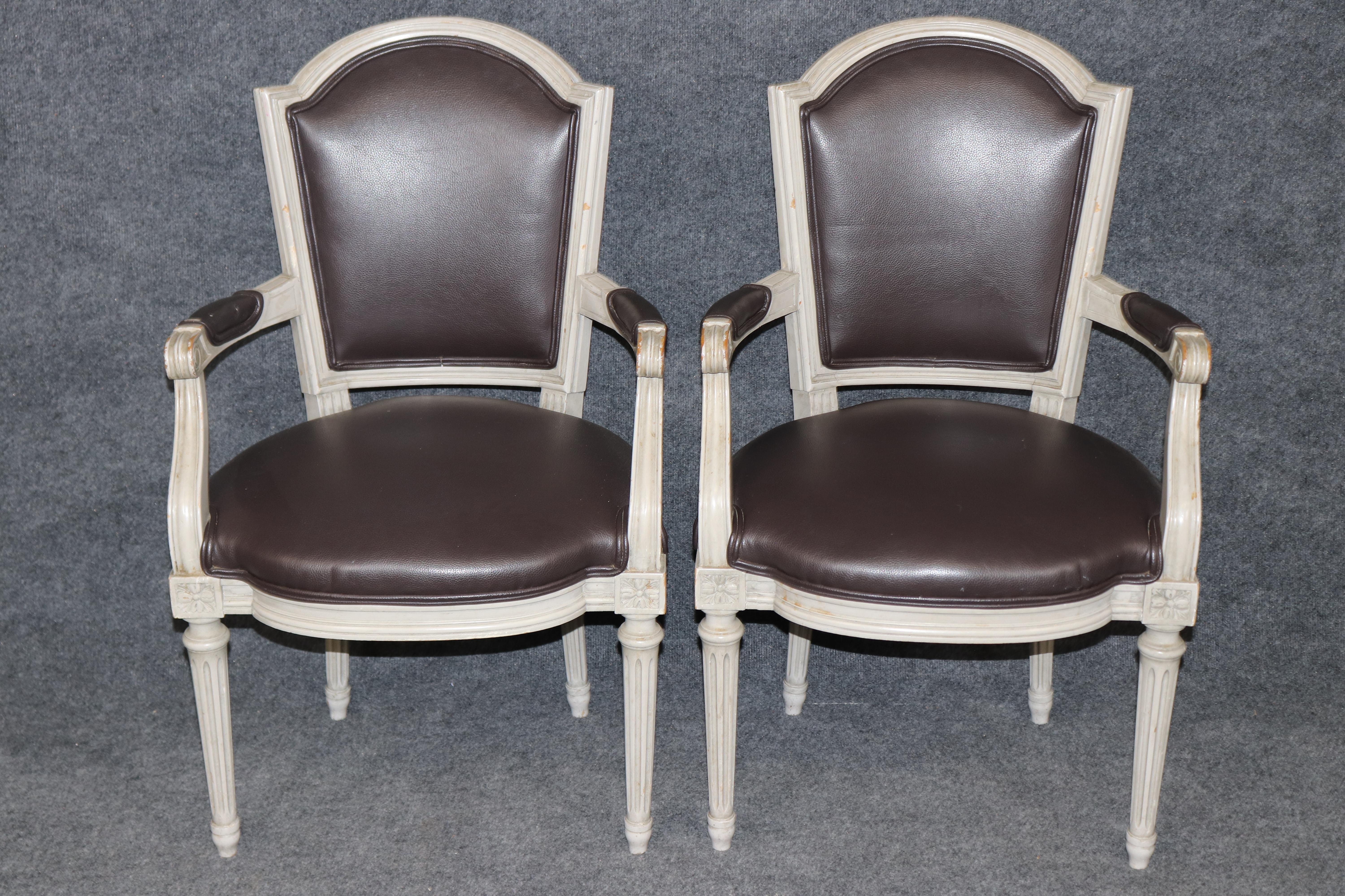 French Rare Large Set of 10 Distressed Maison Jansen Style Painted Dining Chairs For Sale