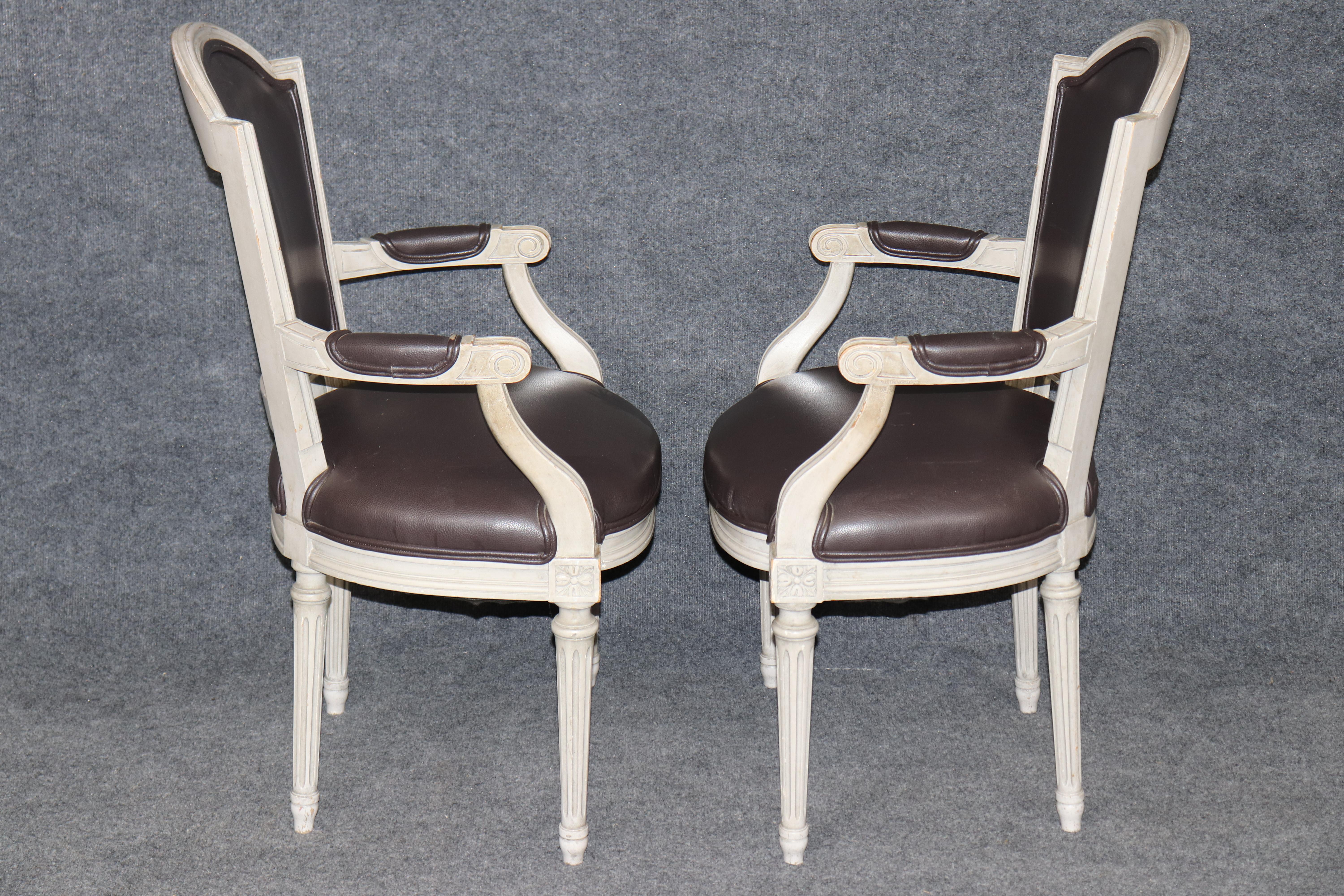 Faux Leather Rare Large Set of 10 Distressed Maison Jansen Style Painted Dining Chairs For Sale