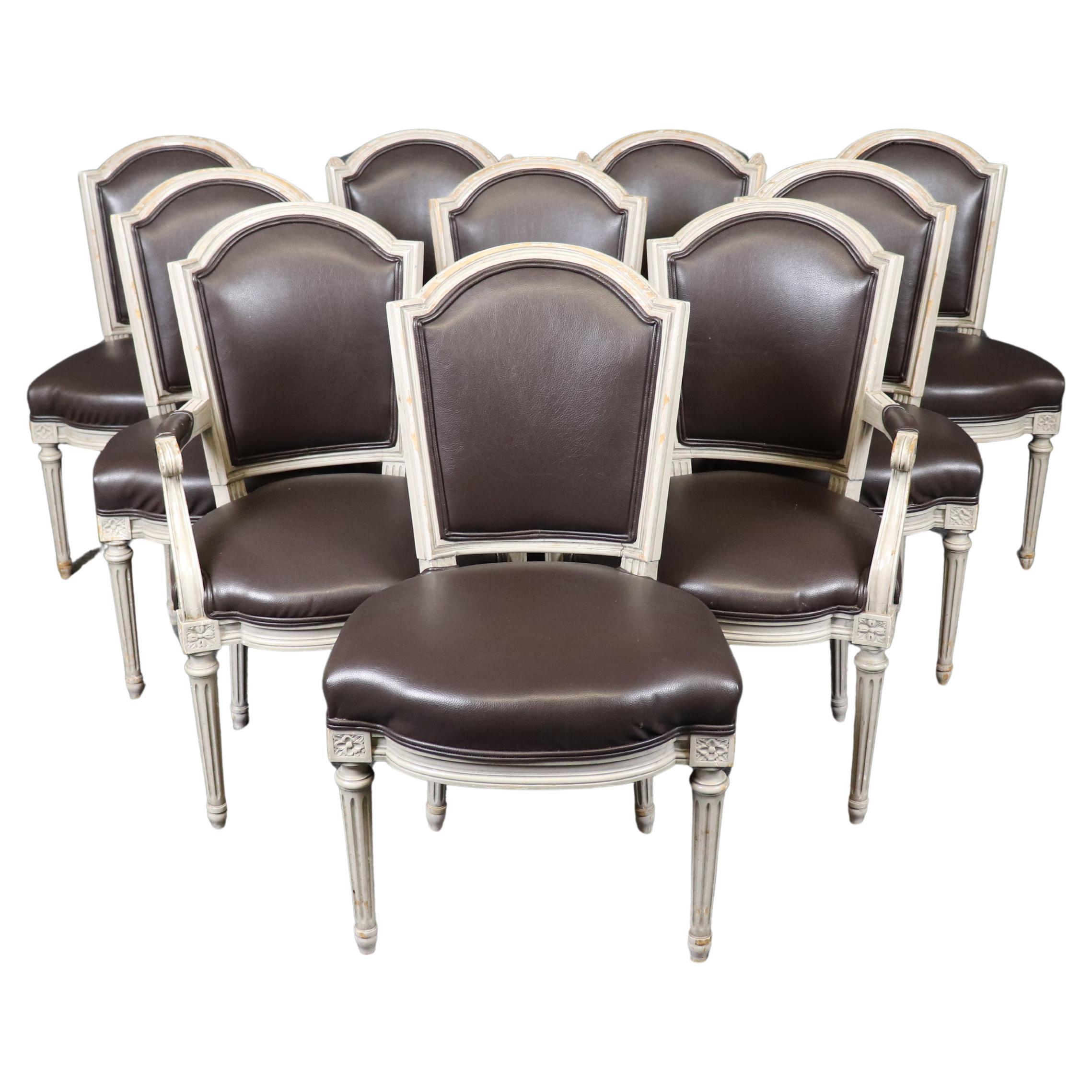 Rare Large Set of 10 Distressed Maison Jansen Style Painted Dining Chairs For Sale